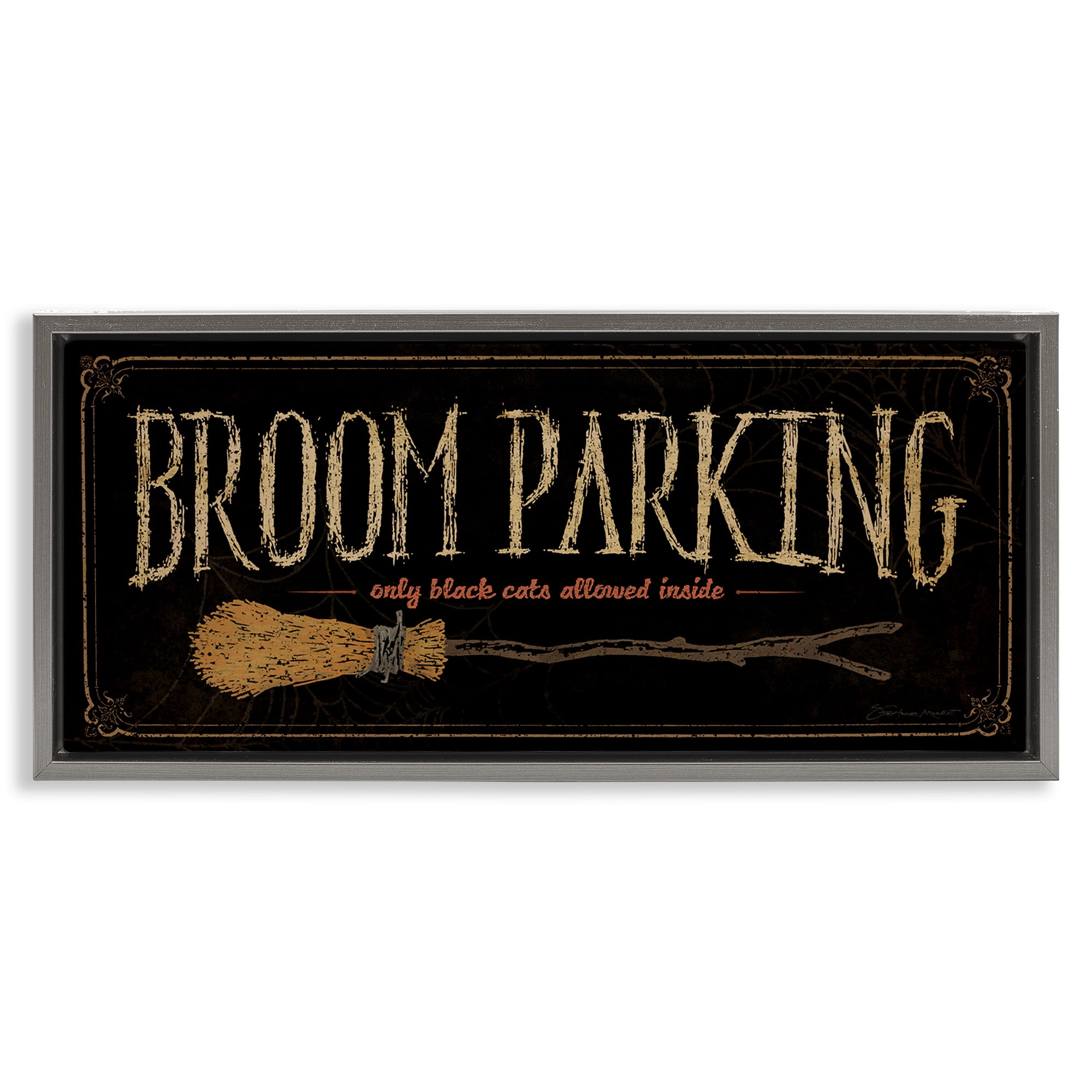 Stupell Industries Broom Parking Black Cats Allowed Holiday Painting Gray Floater Framed Canvas Art Print Wall Art, 31 x 14