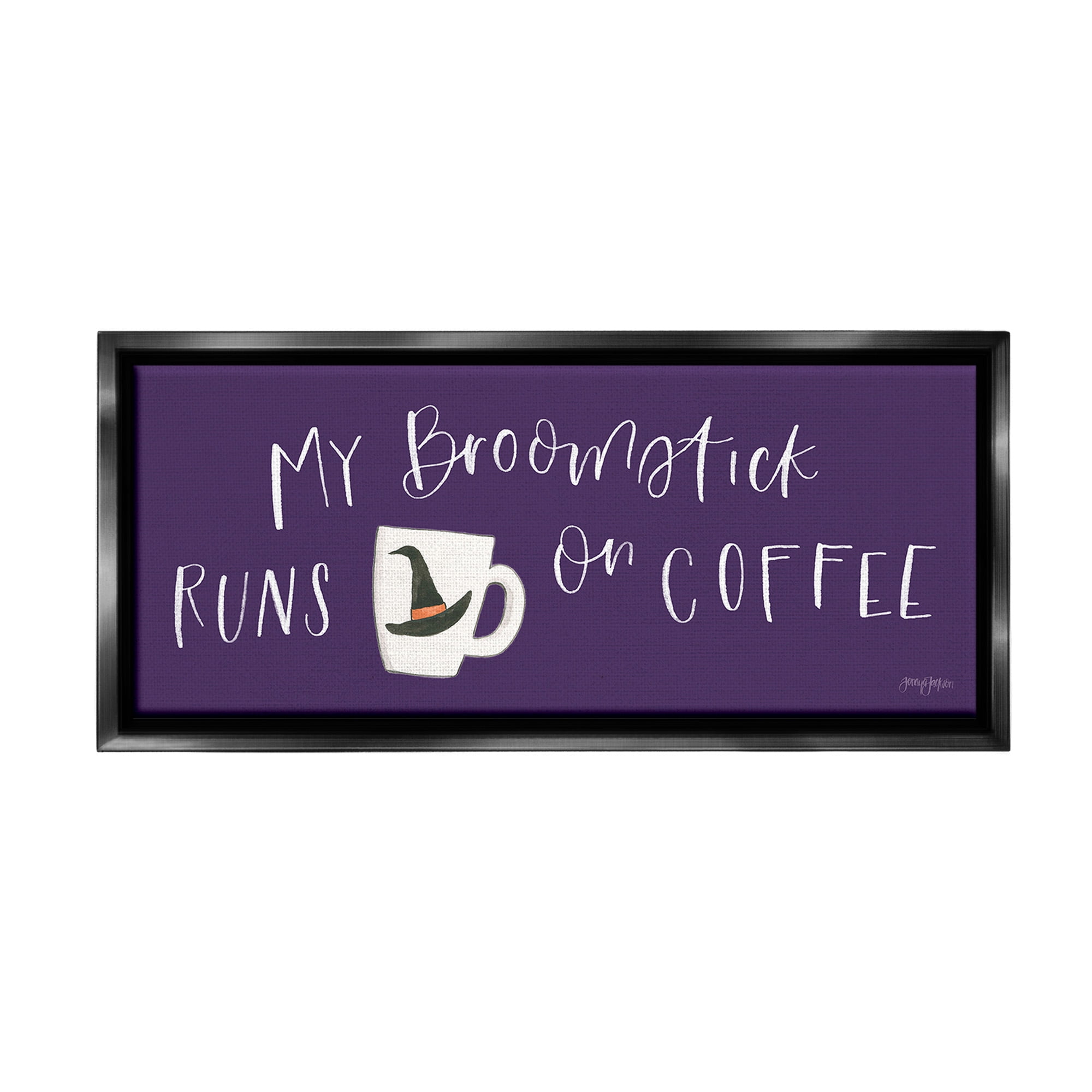 Stupell Industries Broomstick Runs On Coffee Holiday Painting Black Floater Framed Canvas Art Print Wall Art, 31 x 14