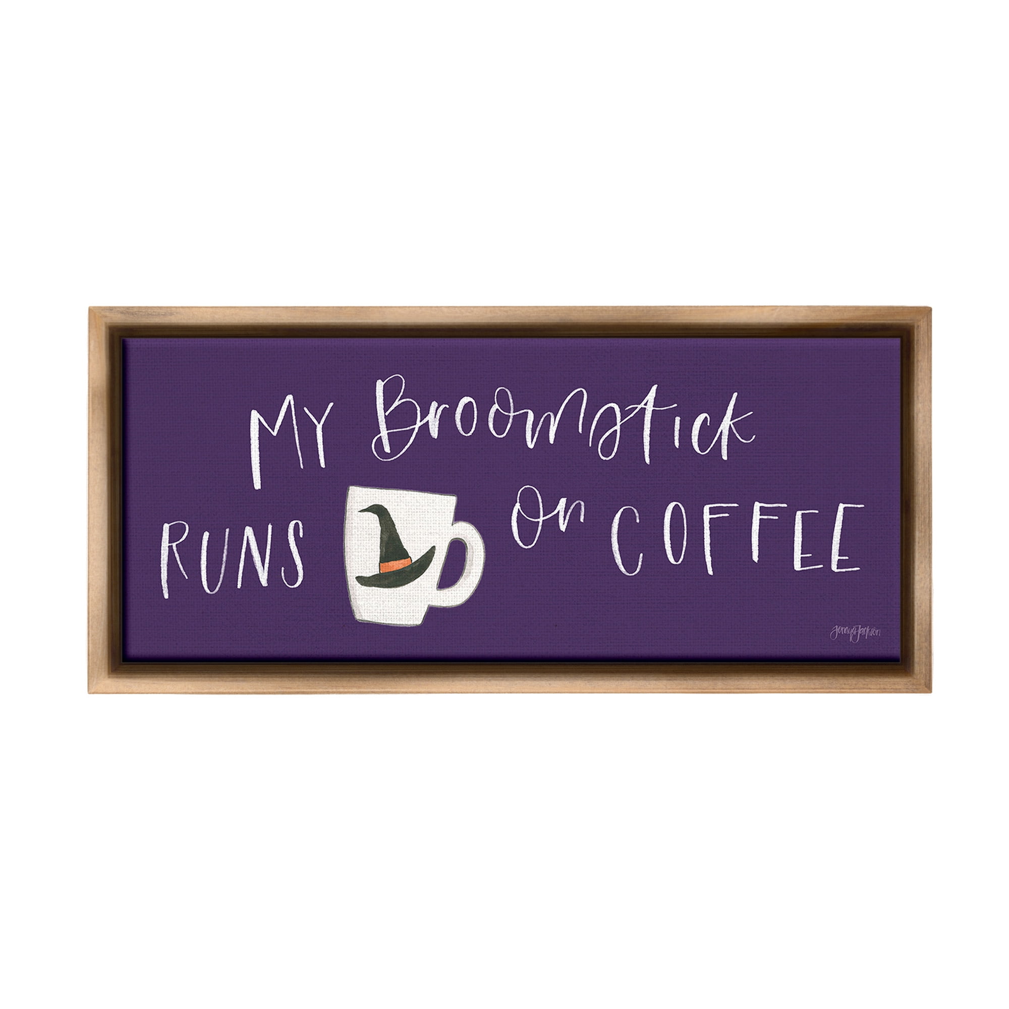 Stupell Industries Broomstick Runs On Coffee Holiday Painting Brown Floater Framed Canvas Art Print Wall Art, 31 x 14
