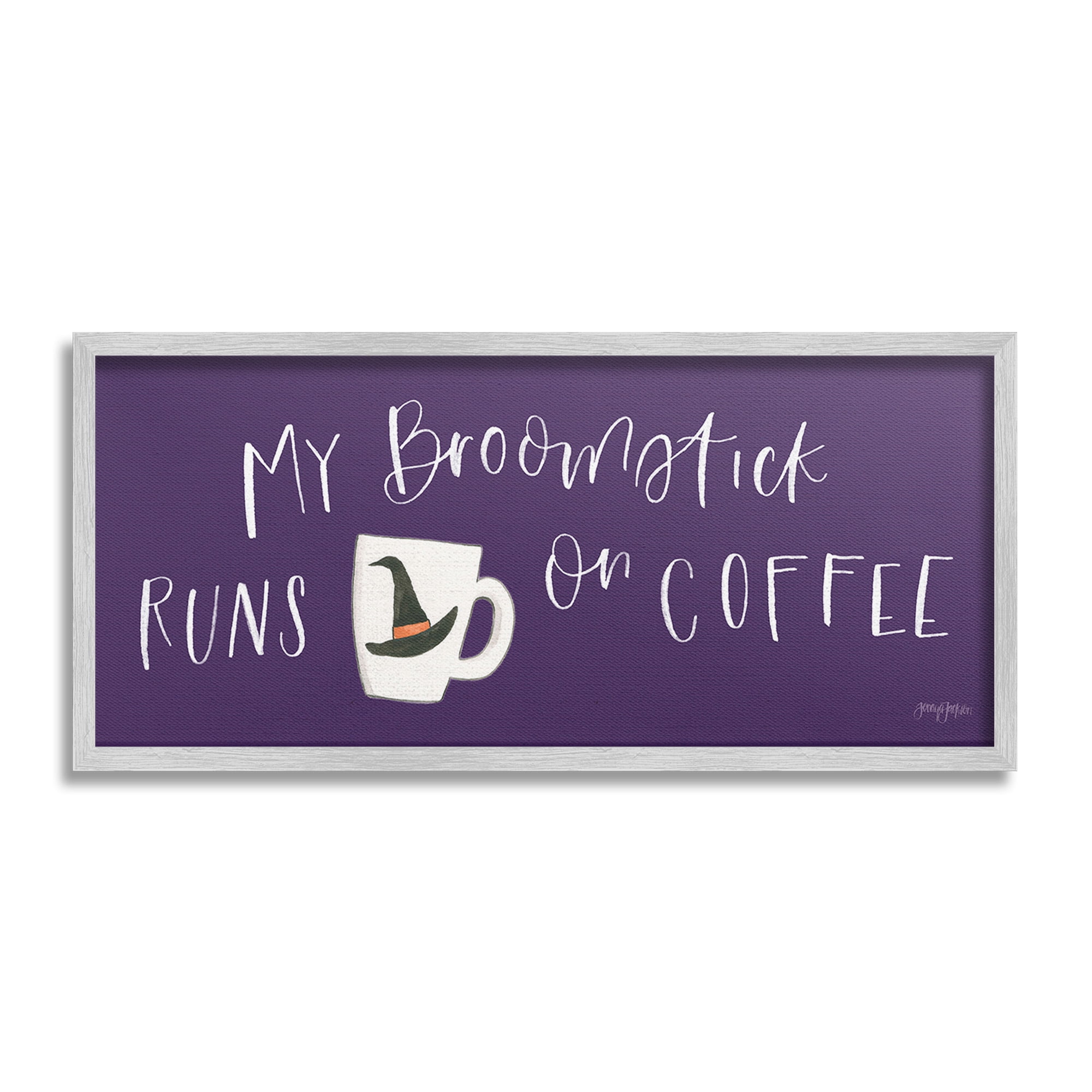 Stupell Industries Broomstick Runs On Coffee Holiday Painting Gray Framed Art Print Wall Art, 30 x 13