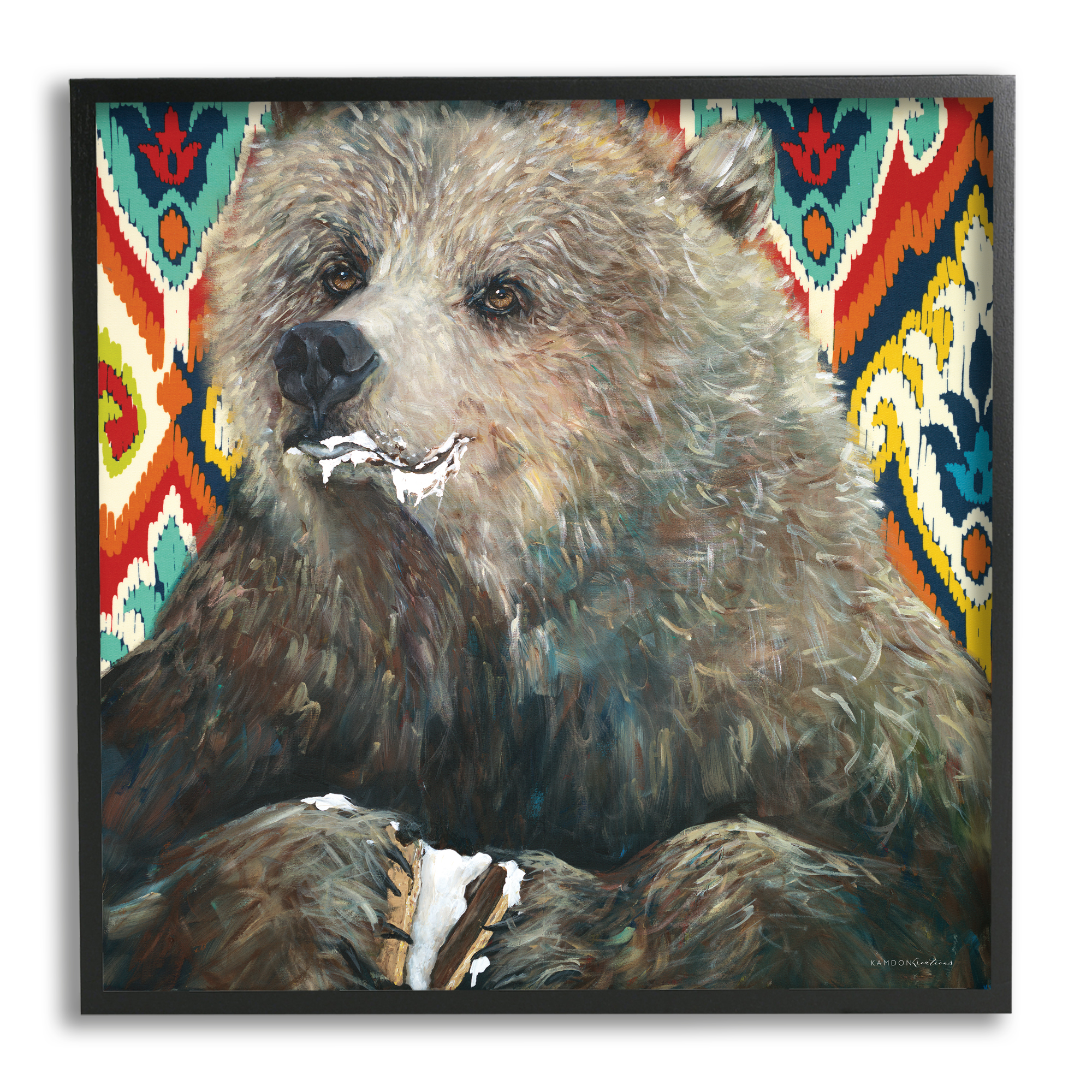 Stupell Industries Brown Bear Eating Smores Forest Animal Abstract Pattern, 17 x 30, Design by Kamdon Kreations