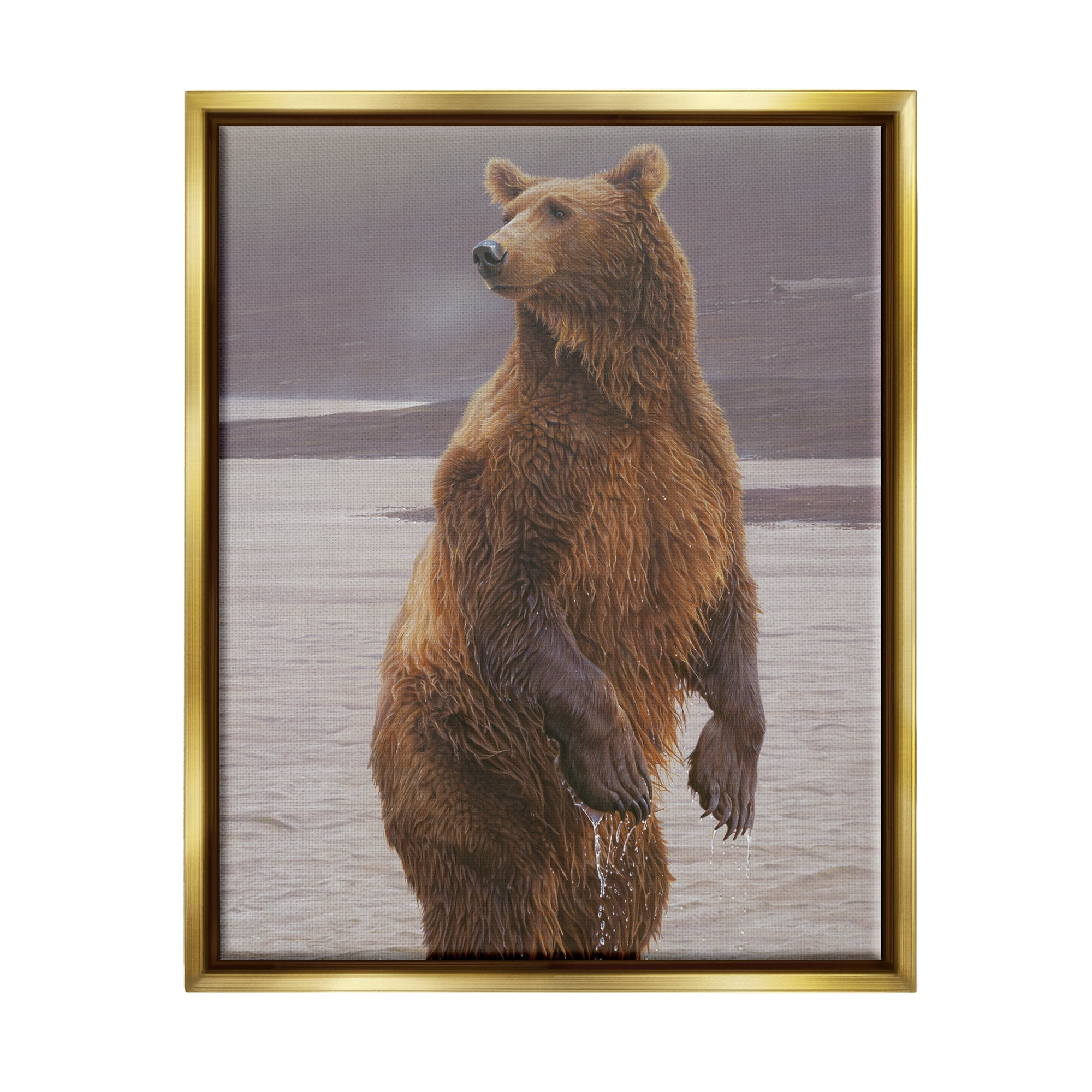 Stupell Industries Brown Bear Lake Water Splash Animals & Insects Painting Gold Floater Framed Art Print Wall Art
