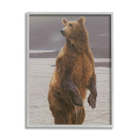 Stupell Industries Brown Bear Lake Water Splash Animals & Insects Painting Gray Framed Art Print Wall Art