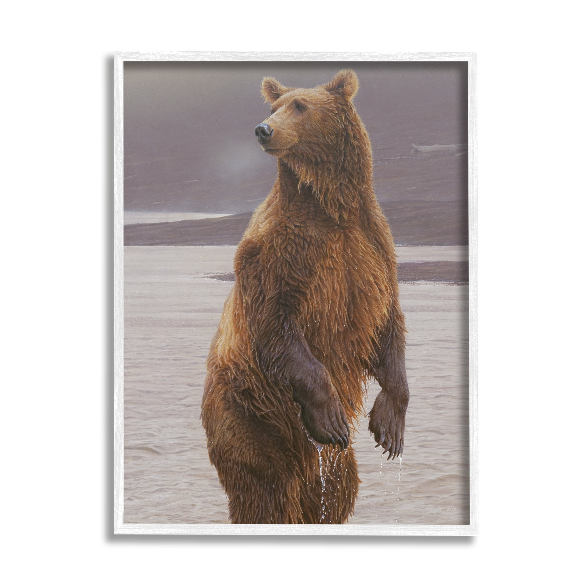 Stupell Industries Brown Bear Lake Water Splash Animals & Insects Painting White Framed Art Print Wall Art