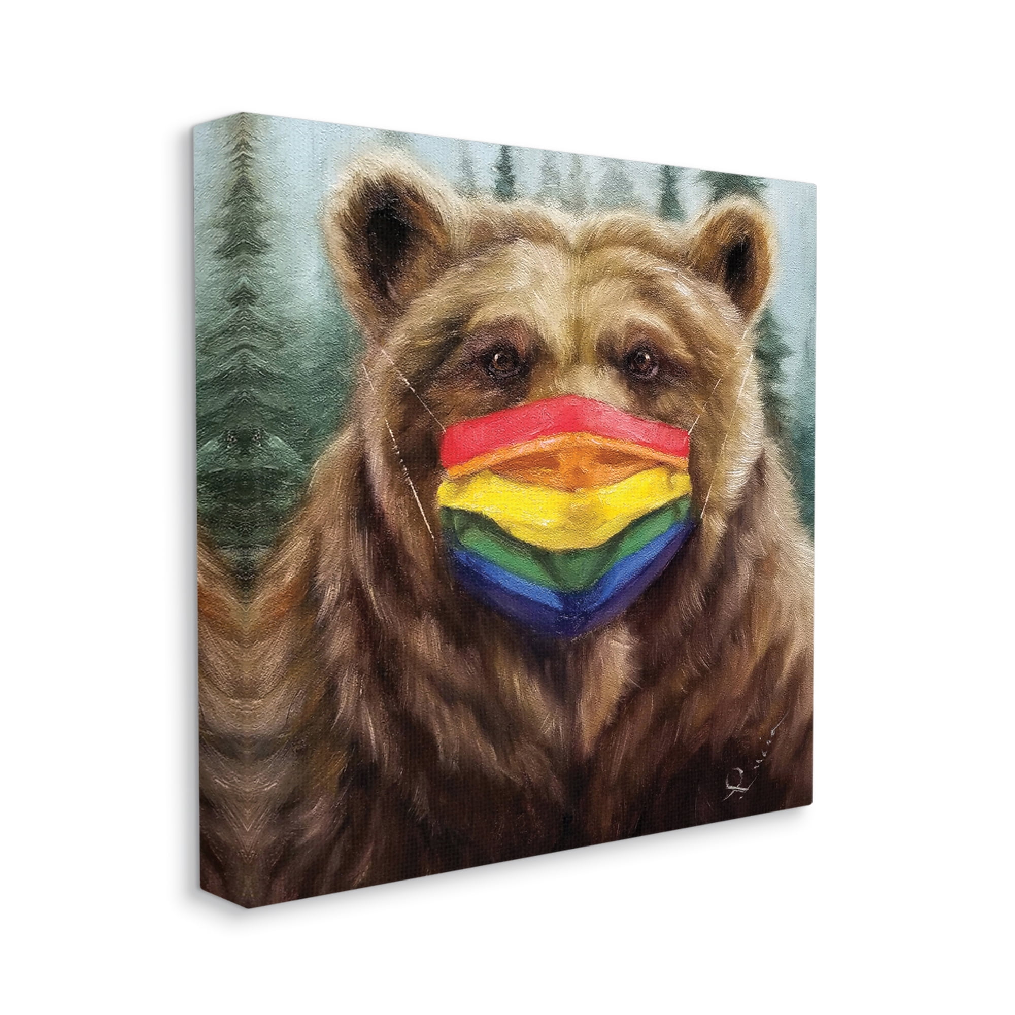 Stupell Industries Brown Bear Rainbow Face Mask Forest Animal Animals & Insects Painting Gallery Wrapped Canvas Art Print Wall Art, 36 x 36