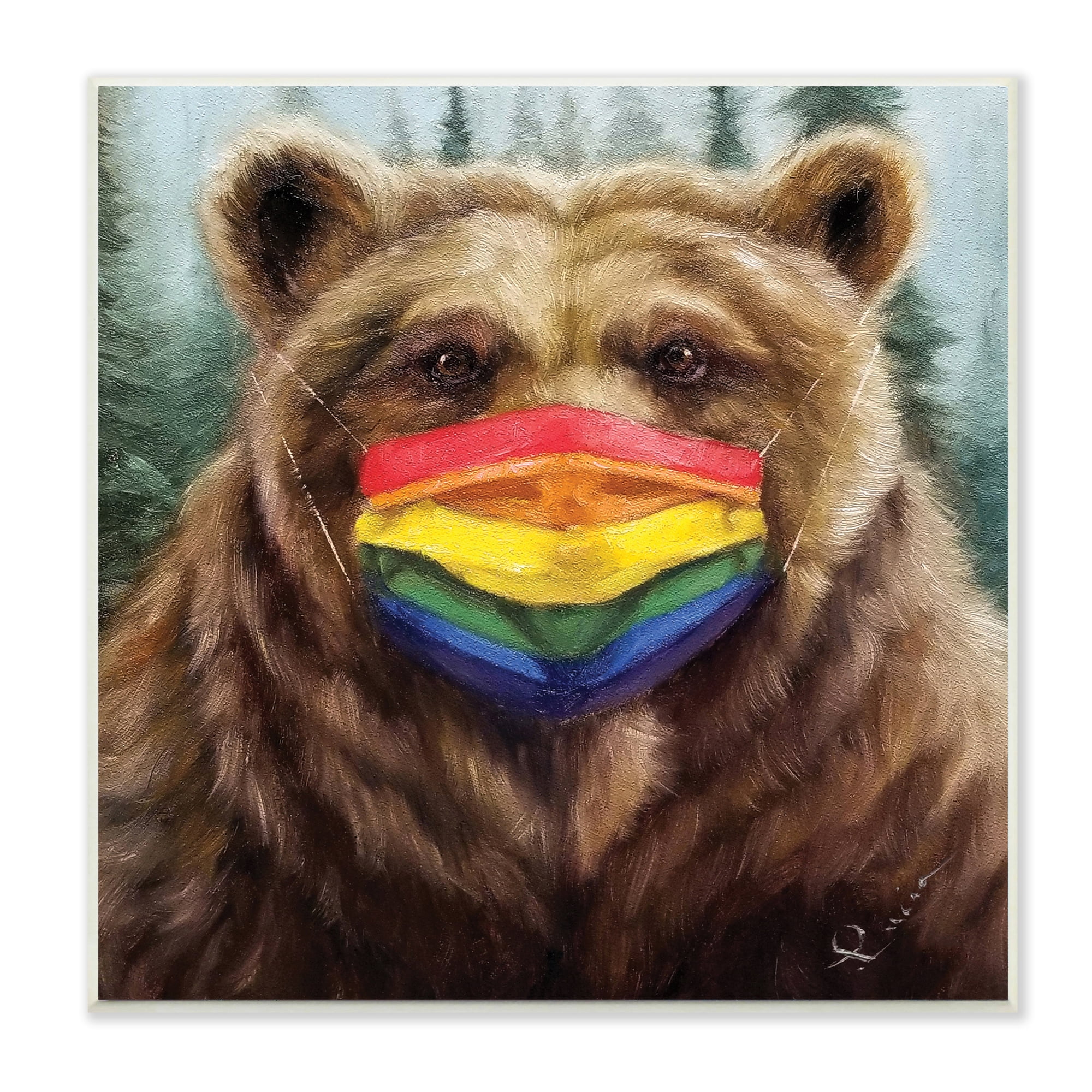 Stupell Industries Brown Bear Rainbow Face Mask Forest Animal Animals & Insects Painting Unframed Art Print Wall Art, 12 x 12