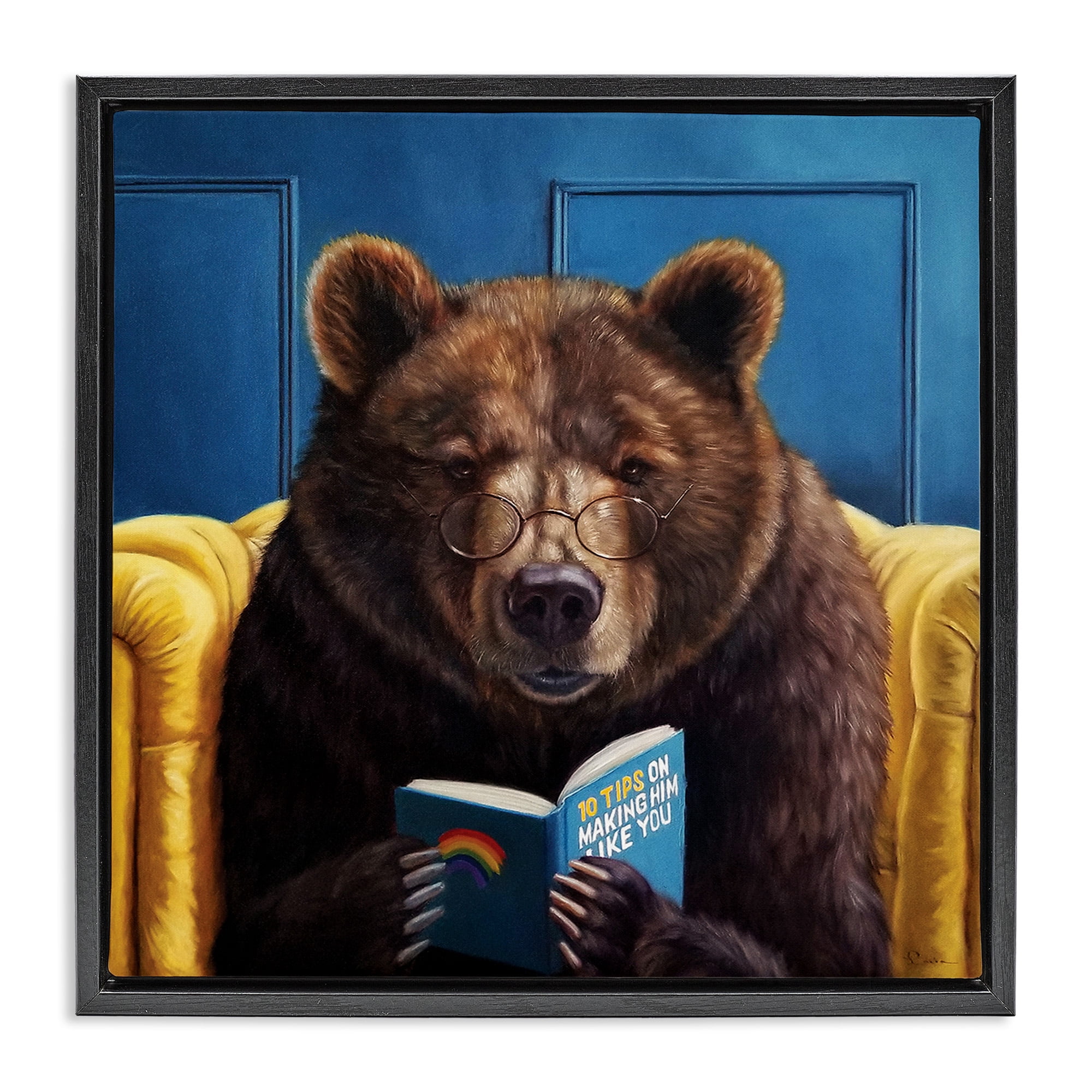 Stupell Industries Brown Bear Reading Dating Book Animals & Insects Painting Black Floater Framed Canvas Art Print Wall Art, 18 x 18