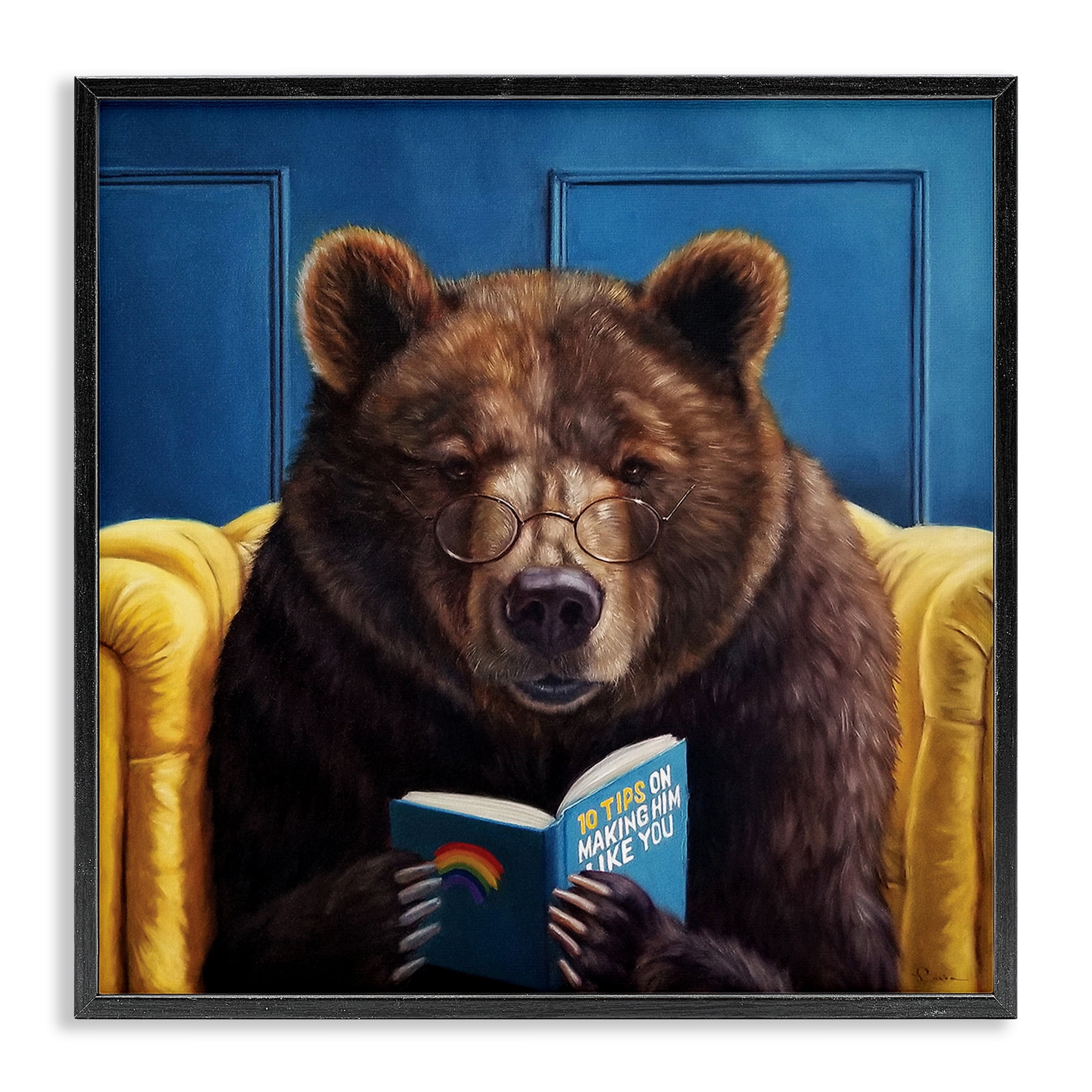 Stupell Industries Brown Bear Reading Dating Book Animals & Insects Painting Black Framed Art Print Wall Art, 24 x 24