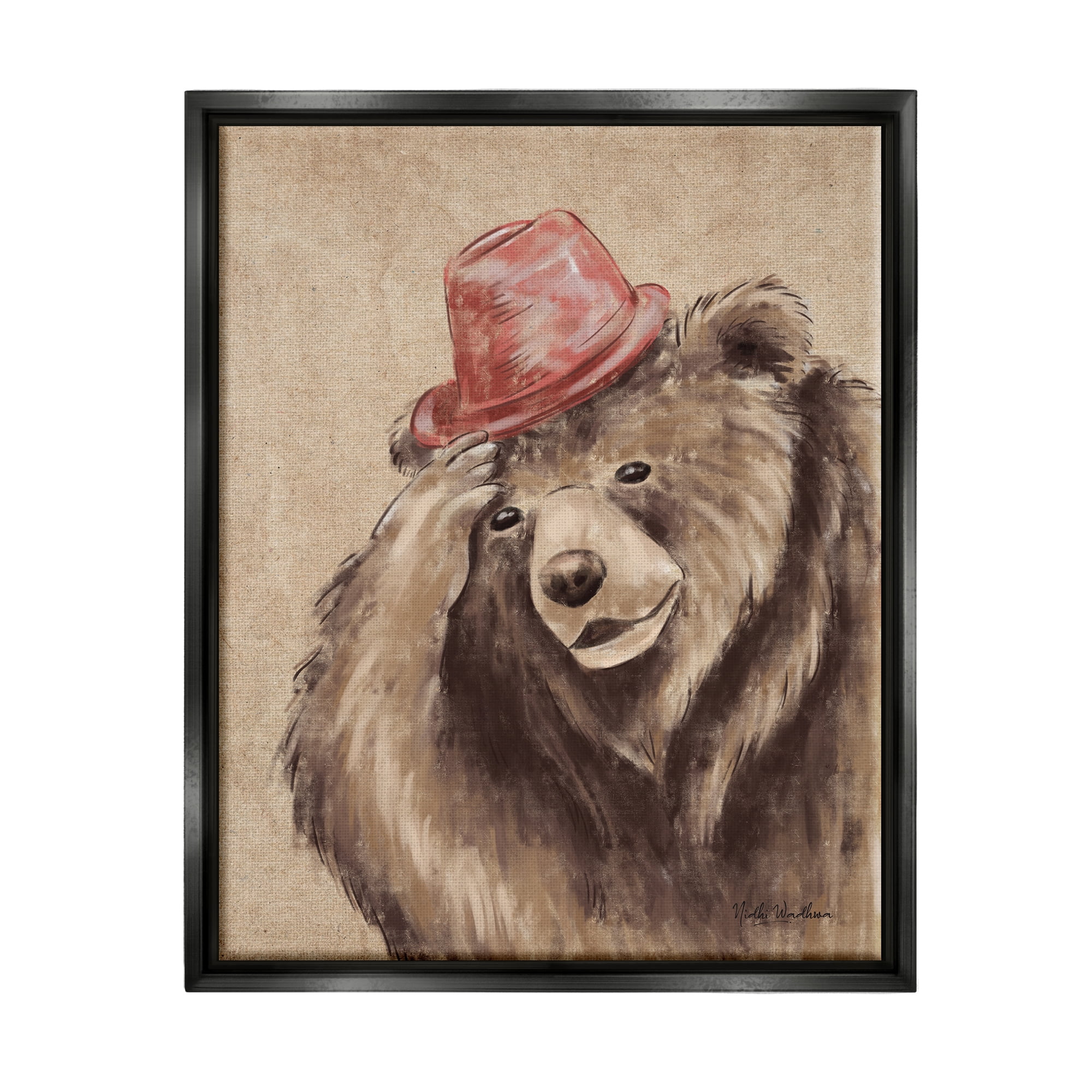 Stupell Industries Brown Bear in Hat Animals & Insects Painting Black Floater Framed Art Print Wall Art, 25 x 31