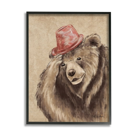 Stupell Industries Brown Bear in Hat Animals & Insects Painting Black Framed Art Print Wall Art, 11 x 14