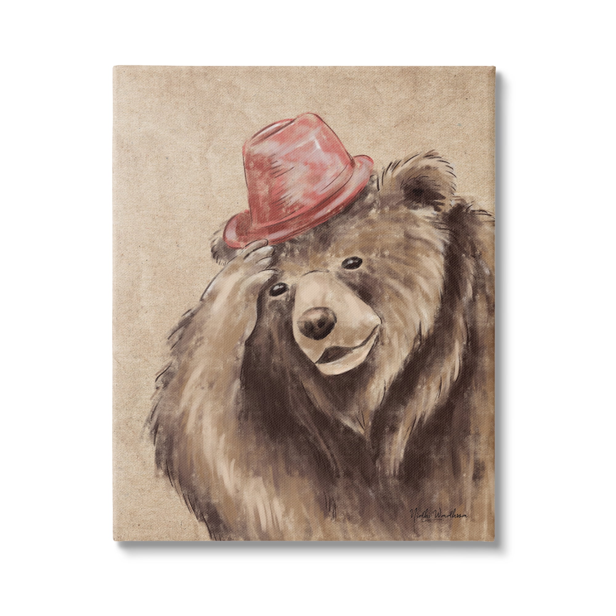 Stupell Industries Brown Bear in Hat Animals & Insects Painting Gallery Wrapped Canvas Print Wall Art, 16 x 20