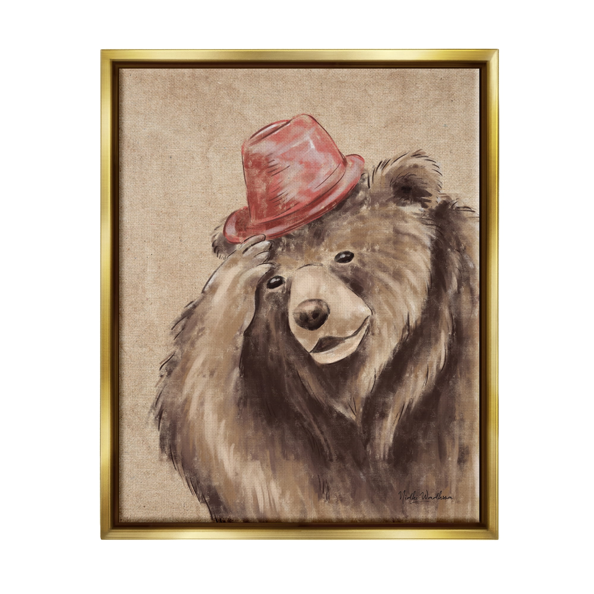 Stupell Industries Brown Bear in Hat Animals & Insects Painting Gold Floater Framed Art Print Wall Art, 25 x 31