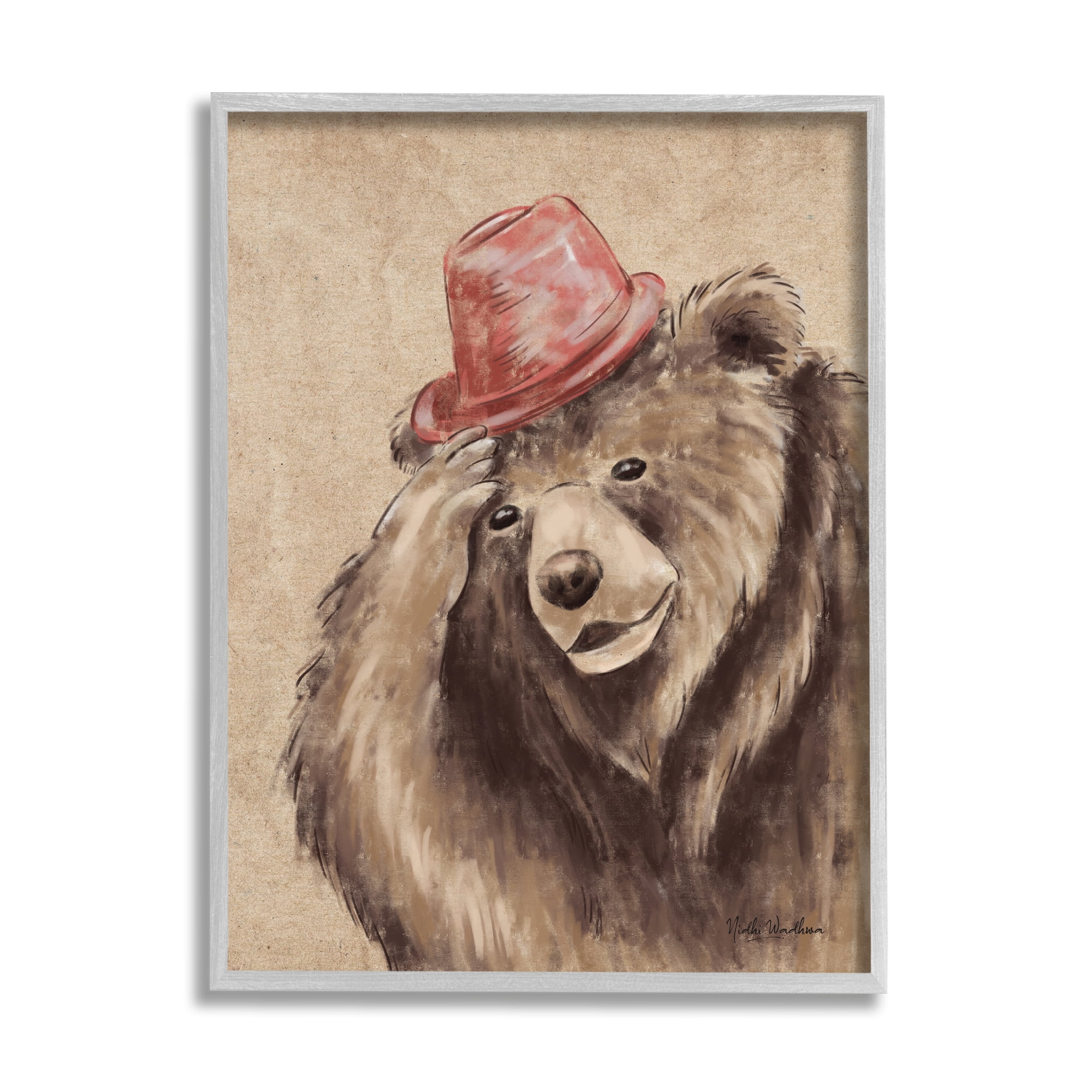 Stupell Industries Brown Bear in Hat Animals & Insects Painting Gray Framed Art Print Wall Art, 16 x 20