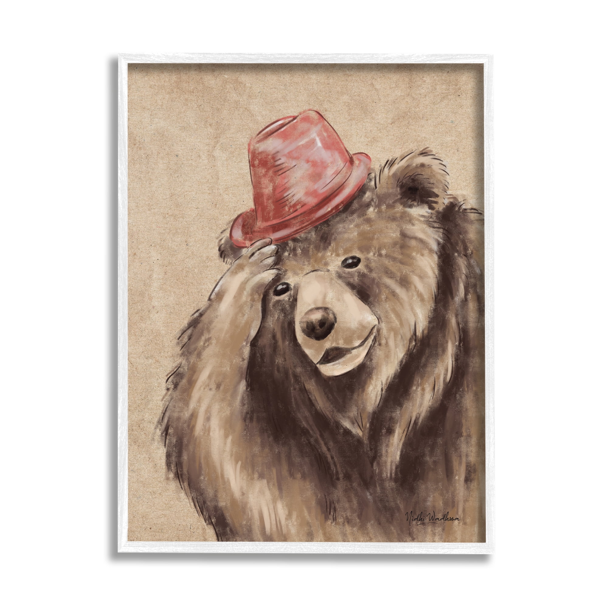 Stupell Industries Brown Bear in Hat Animals & Insects Painting White Framed Art Print Wall Art, 16 x 20