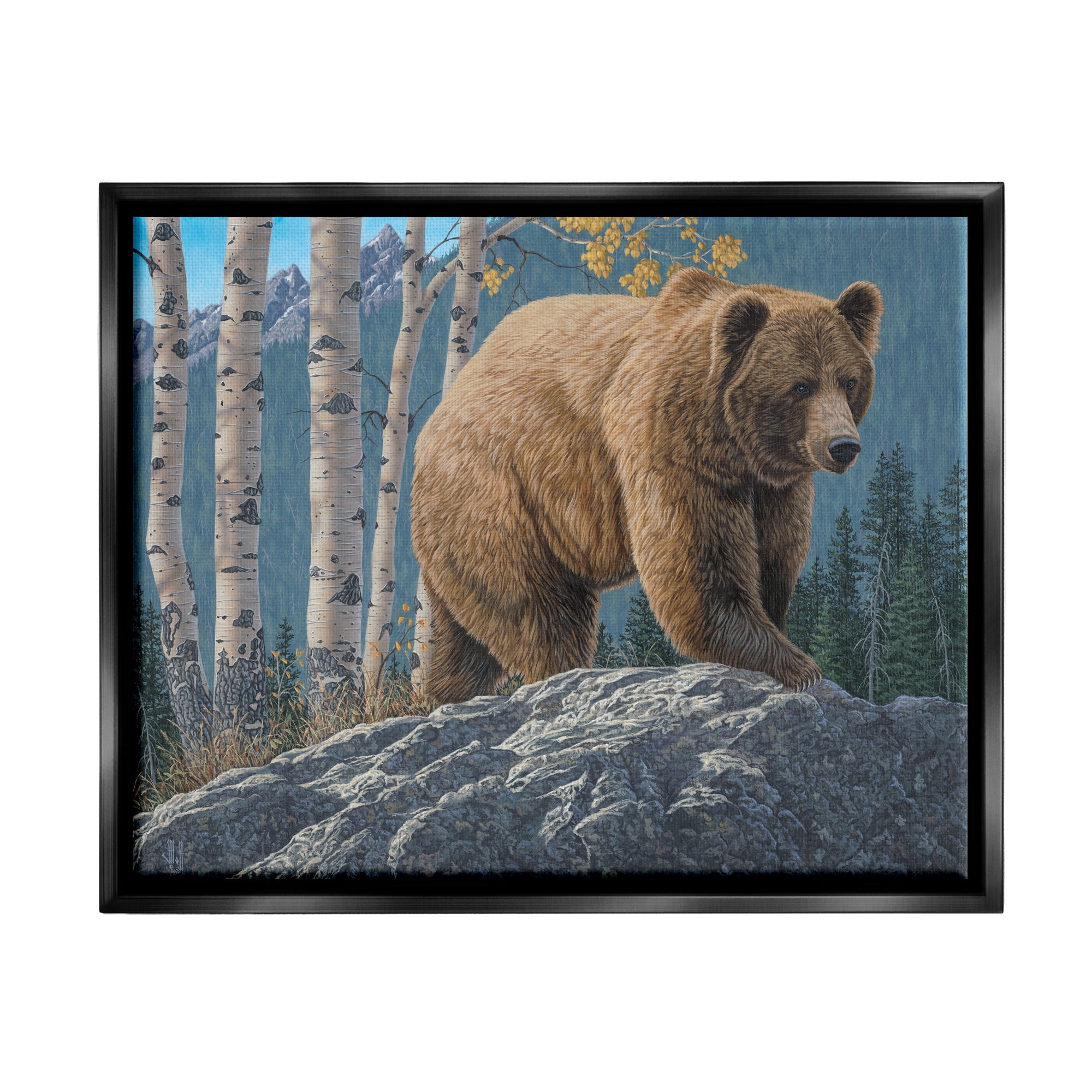 Stupell Industries Brown Bear on Rock Animals & Insects Painting Black Floater Framed Canvas Art Print Wall Art, 31 x 25
