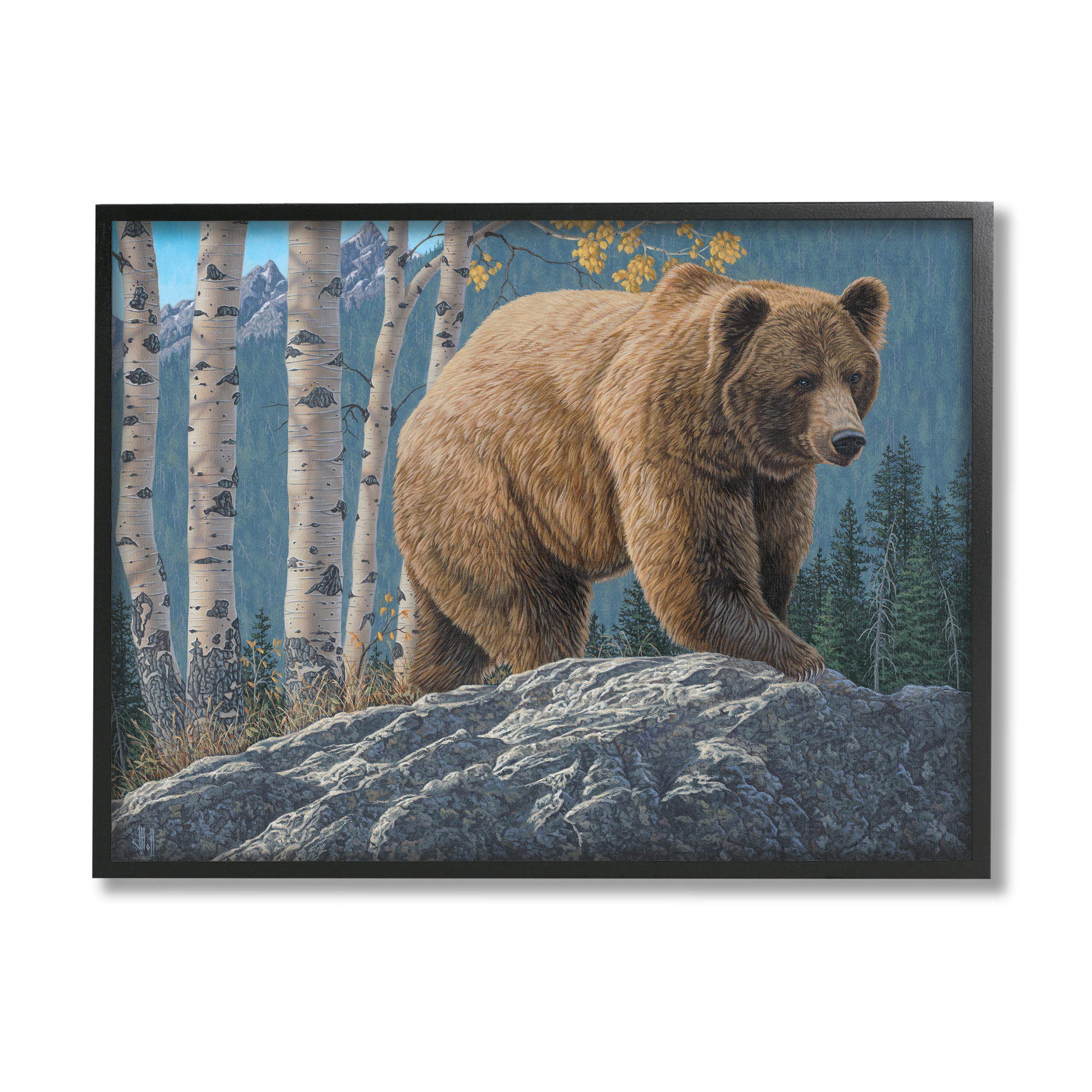 Stupell Industries Brown Bear on Rock Animals & Insects Painting Black Framed Art Print Wall Art, 30 x 24