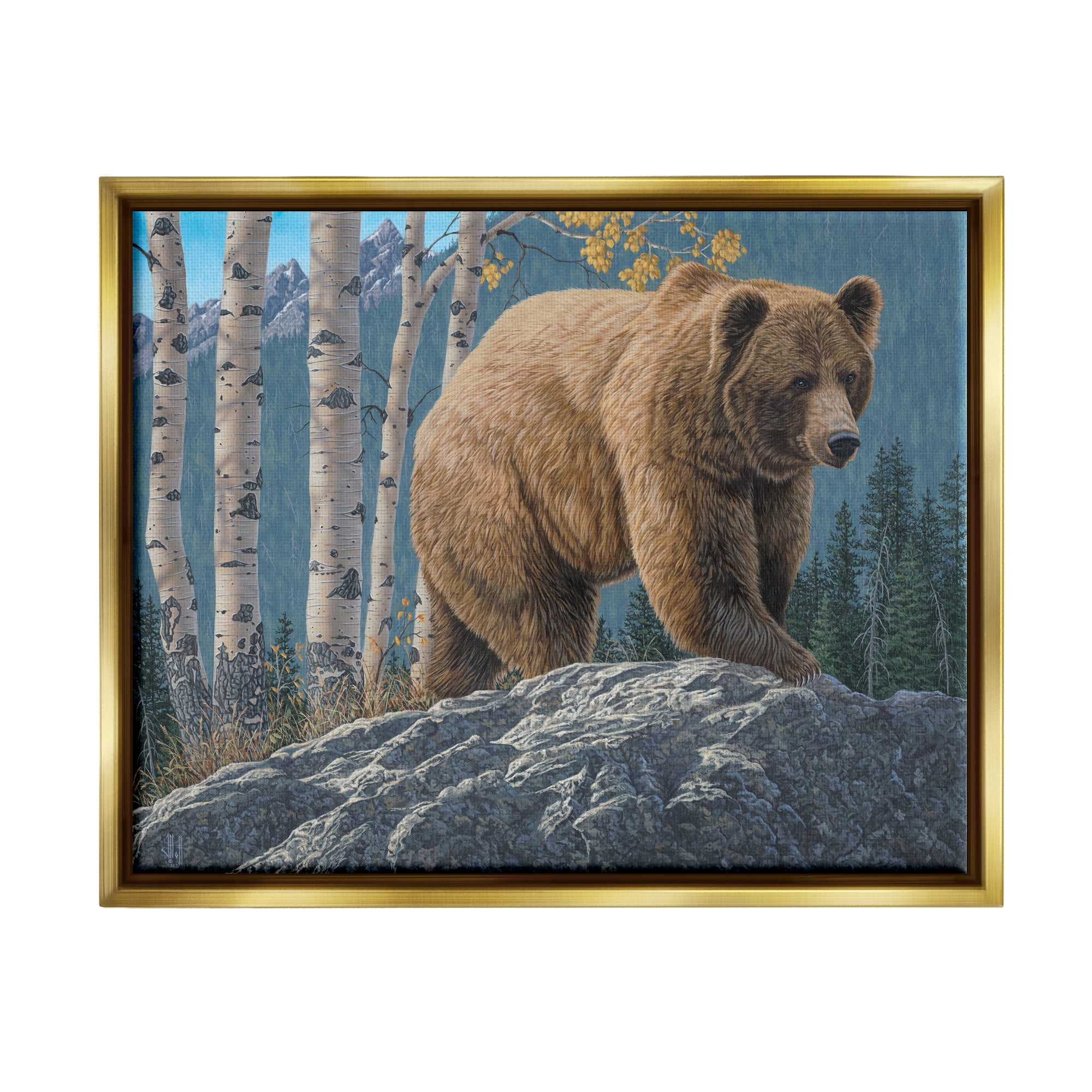 Stupell Industries Brown Bear on Rock Animals & Insects Painting Gold Floater Framed Canvas Art Print Wall Art, 31 x 25