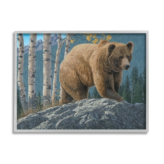 Stupell Industries Brown Bear on Rock Animals & Insects Painting Gray Framed Art Print Wall Art, 14 x 11