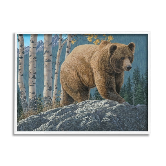 Stupell Industries Brown Bear on Rock Animals & Insects Painting White Framed Art Print Wall Art, 20 x 16