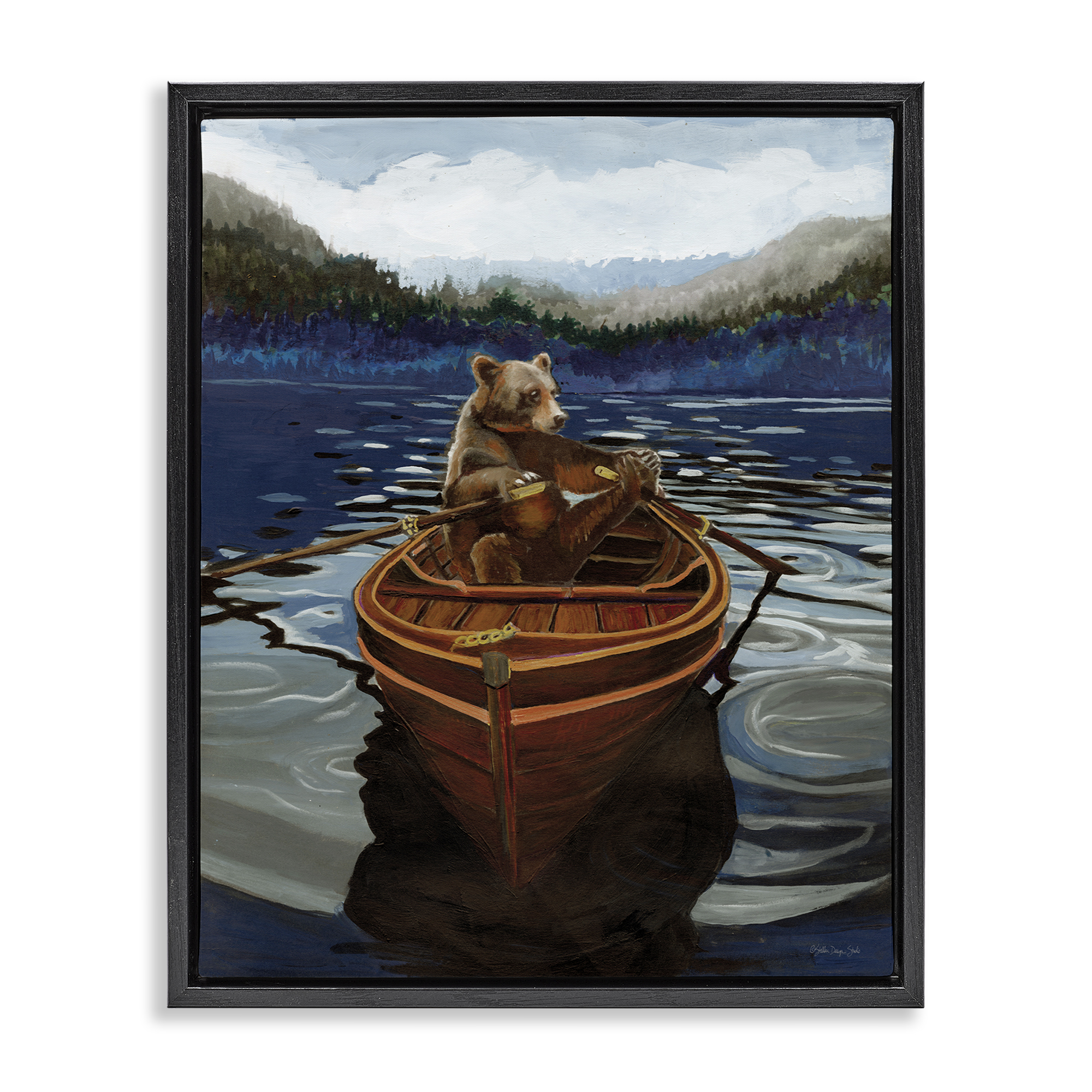 Stupell Industries Brown Bear on Row Boat Animals Painting Black Floater Framed Canvas Art Print Wall Art, 17 x 21