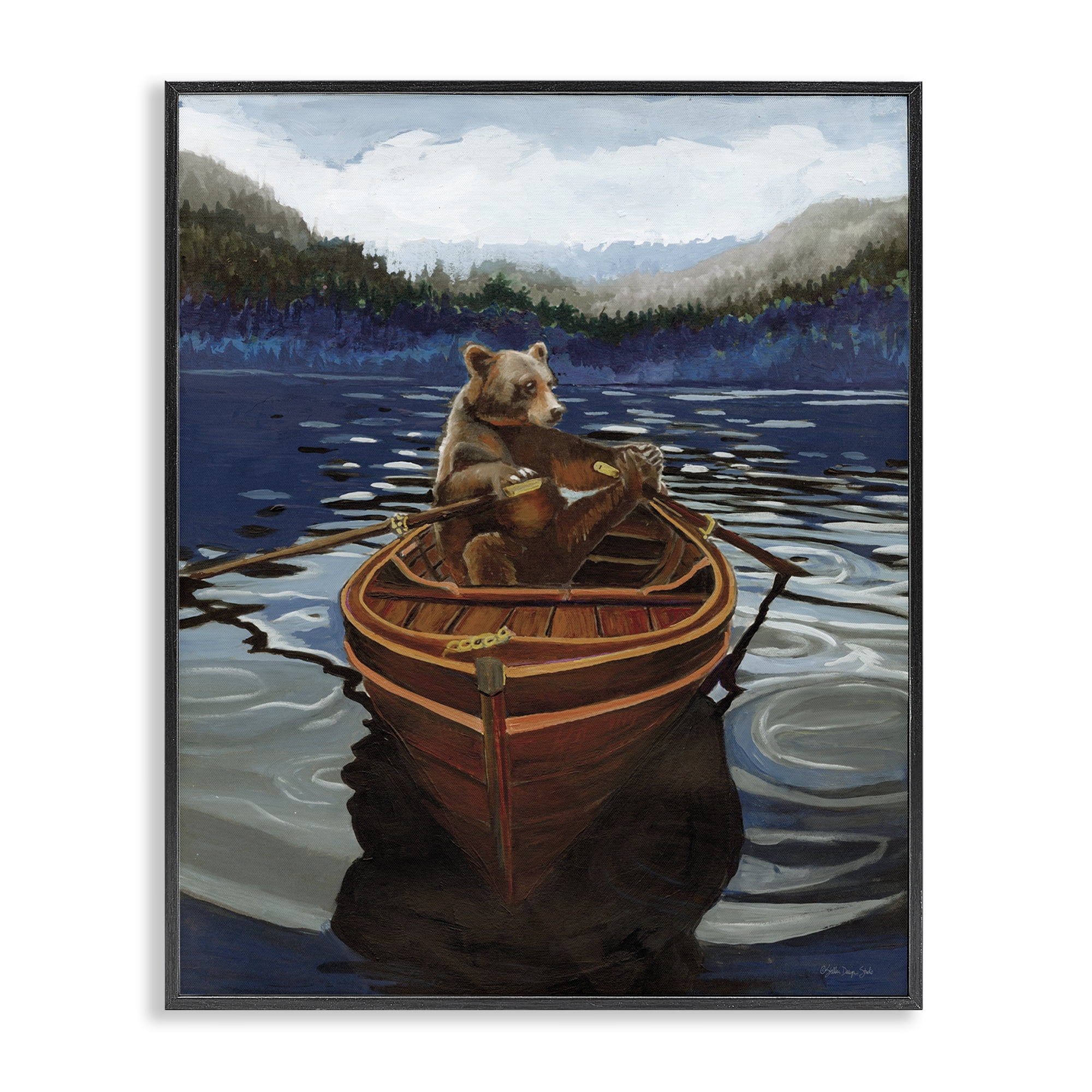 Stupell Industries Brown Bear on Row Boat Animals Painting Black Framed Art Print Wall Art, 16 x 20