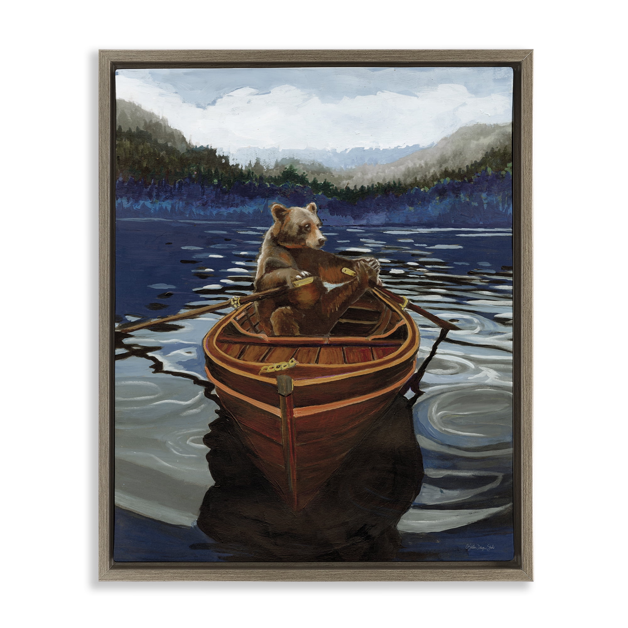 Stupell Industries Brown Bear on Row Boat Animals Painting Brown Floater Framed Canvas Art Print Wall Art, 25 x 31