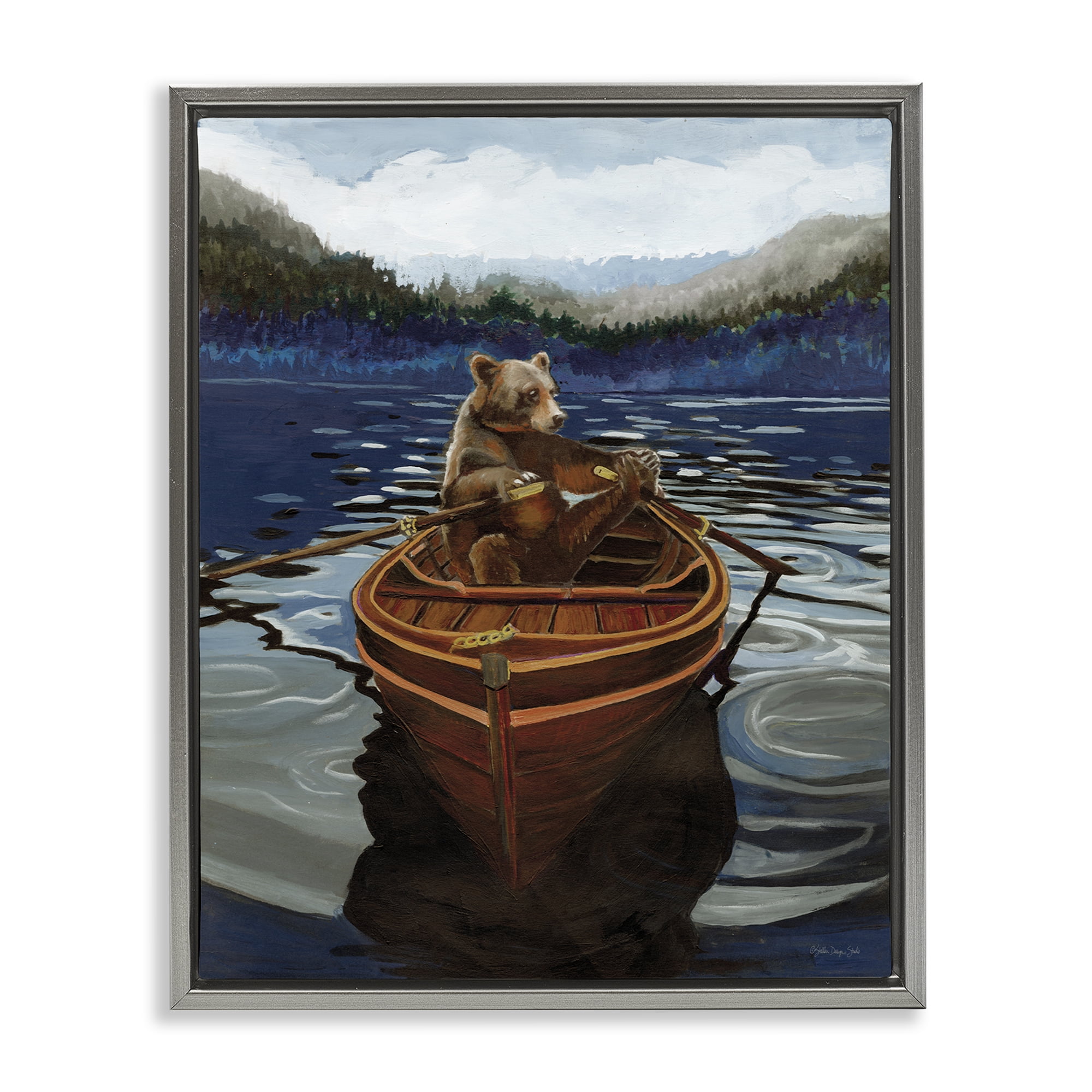 Stupell Industries Brown Bear on Row Boat Animals Painting Gray Floater Framed Canvas Art Print Wall Art, 17 x 21