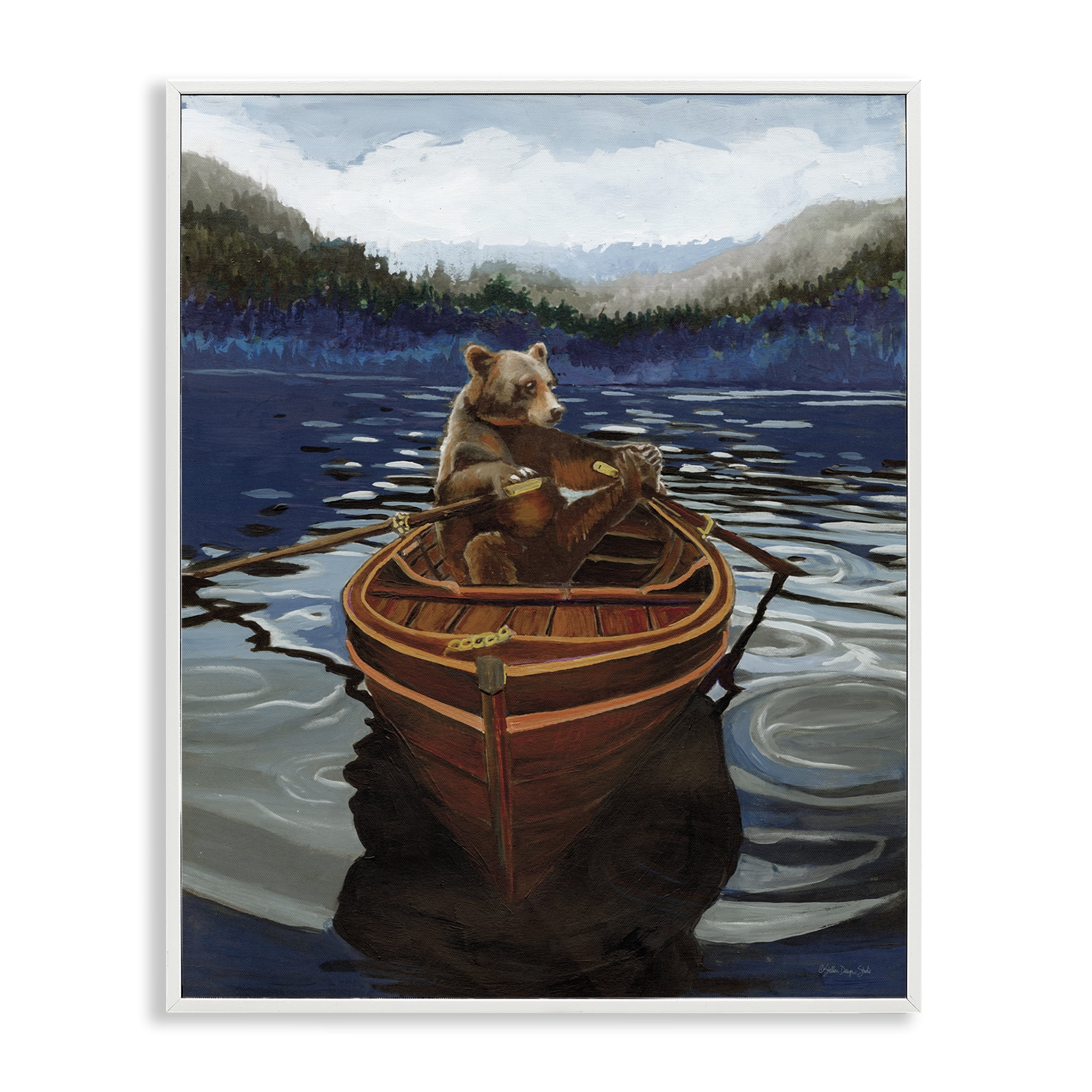 Stupell Industries Brown Bear on Row Boat Animals Painting White Framed Art Print Wall Art, 11 x 14