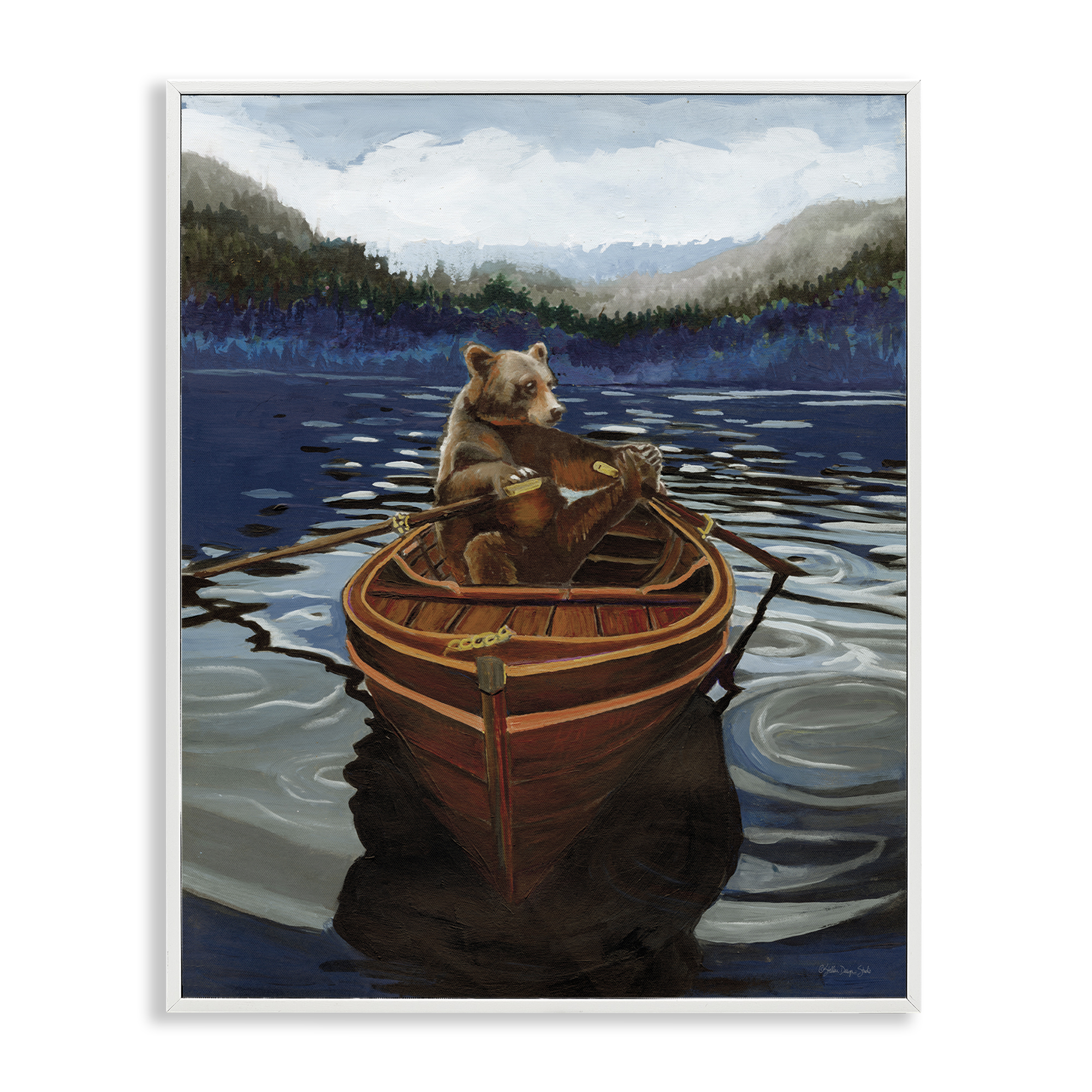 Stupell Industries Brown Bear on Row Boat Animals Painting White Framed Art Print Wall Art, 24 x 30