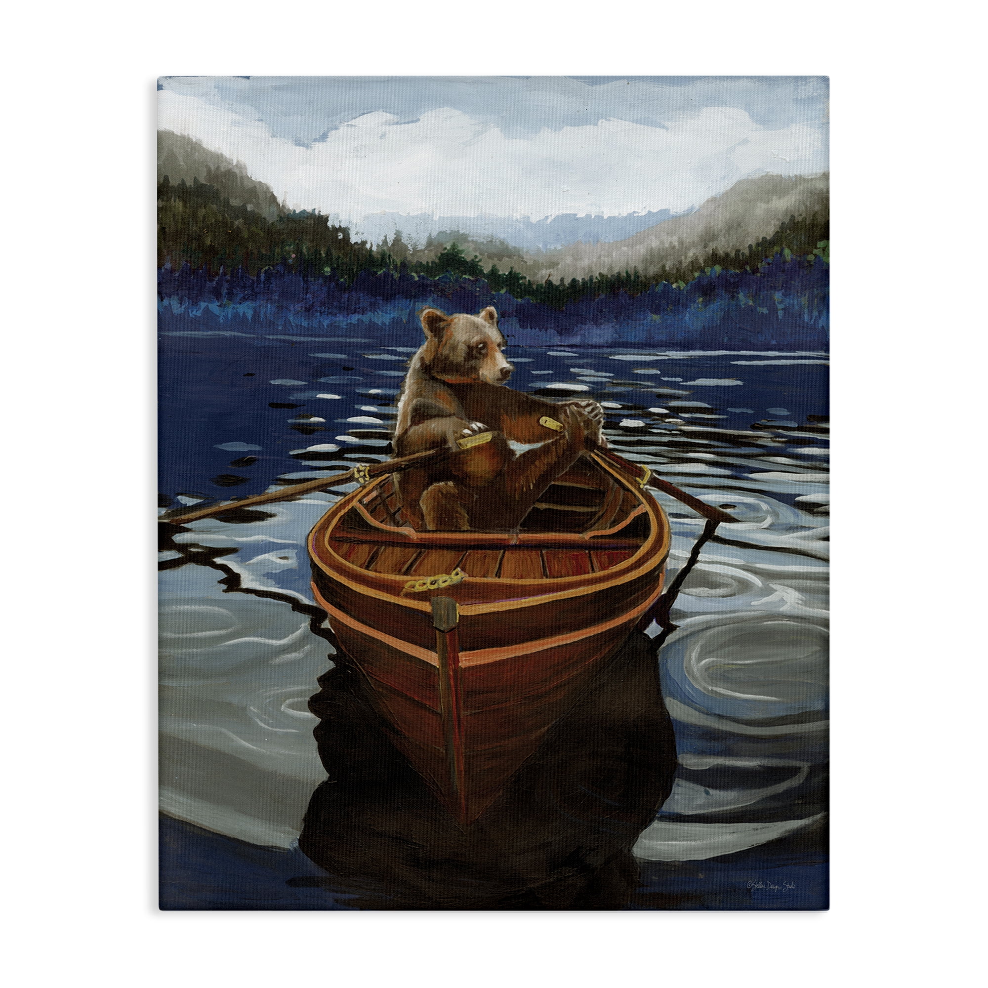 Stupell Industries Brown Bear on Row Boat Animals Painting Wrapped Canvas Art Print Wall Art, 16 x 20