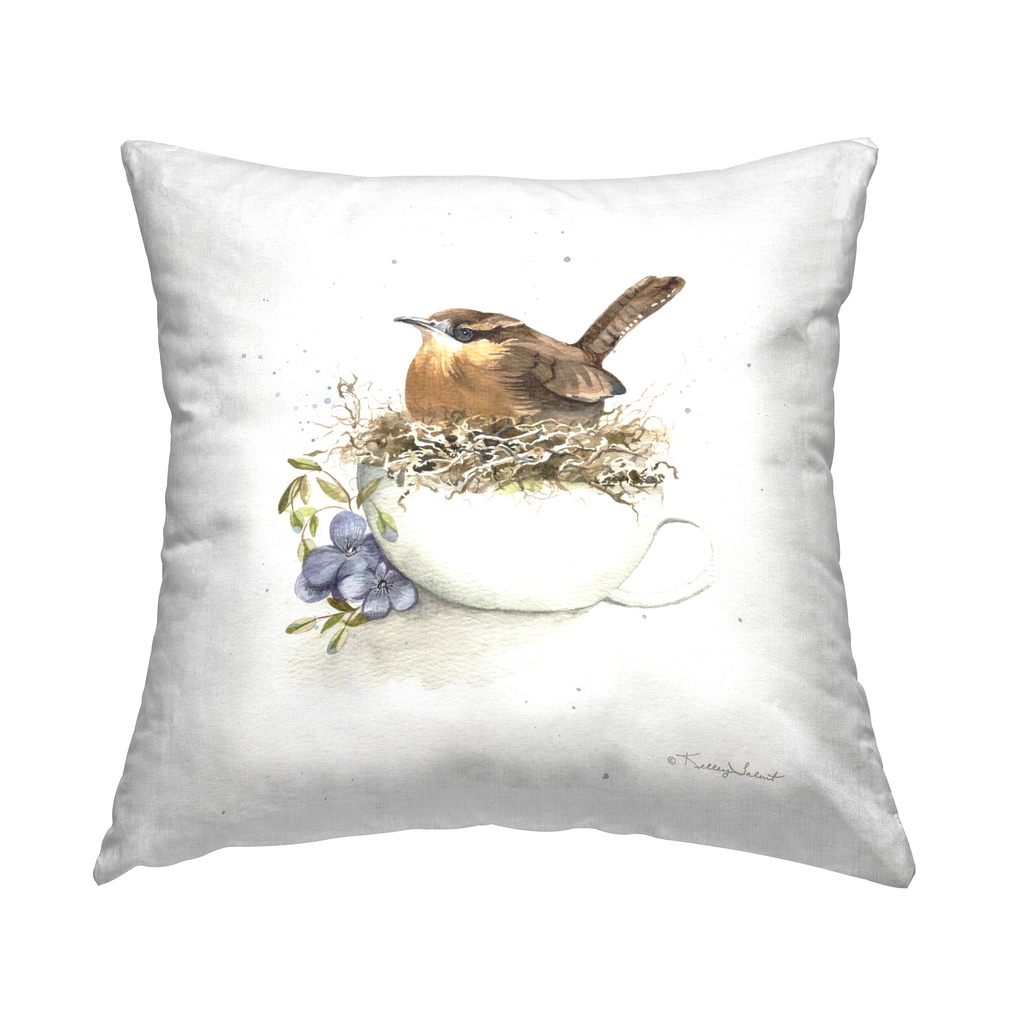 Stupell Industries Brown Bird on Teacup Nest Square Decorative Printed Throw Pillow, 18 x 18