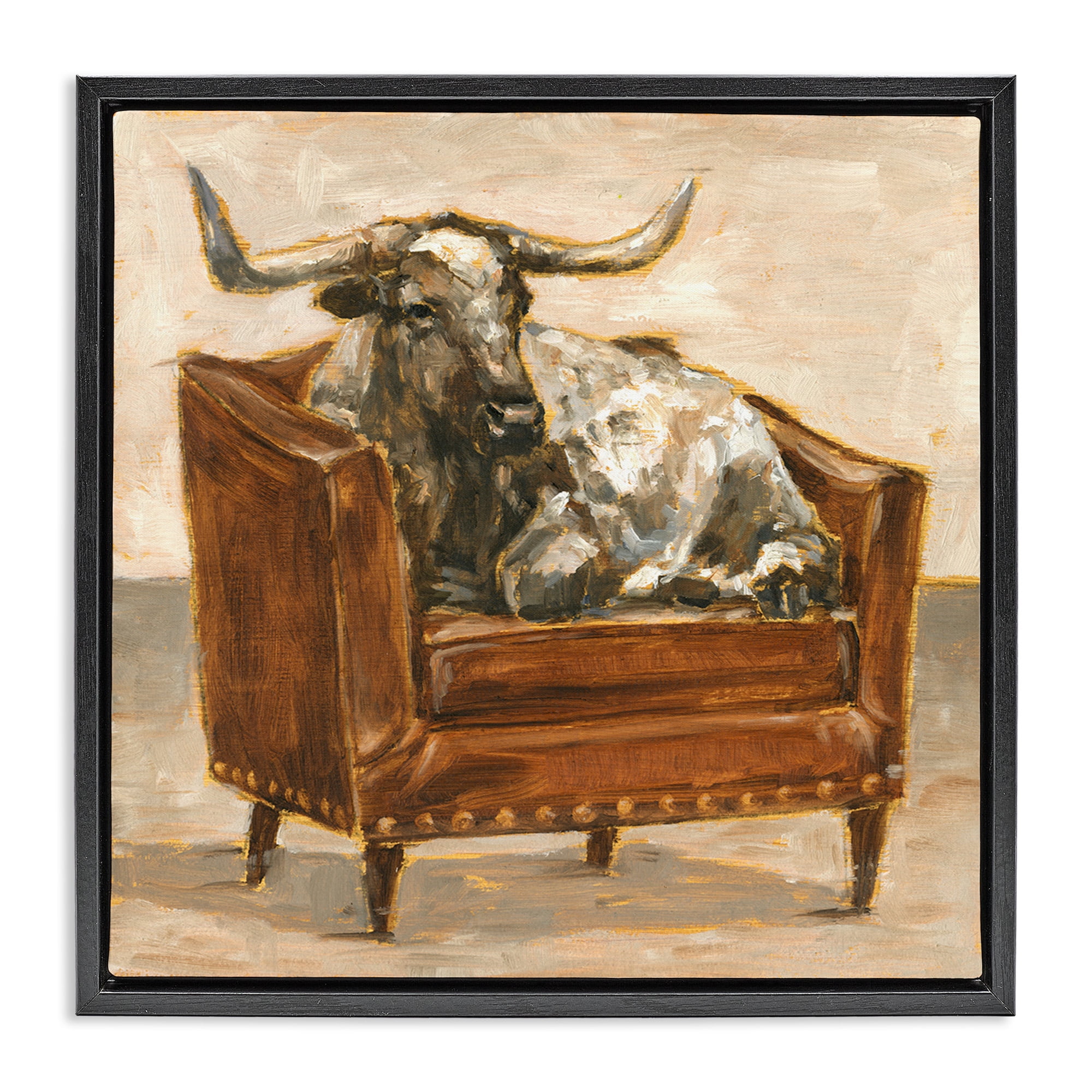 Stupell Industries Brown Bull Resting in Chair Painting Animals & Insects Painting Black Floater Framed Canvas Art Print Wall Art, 25 x 25