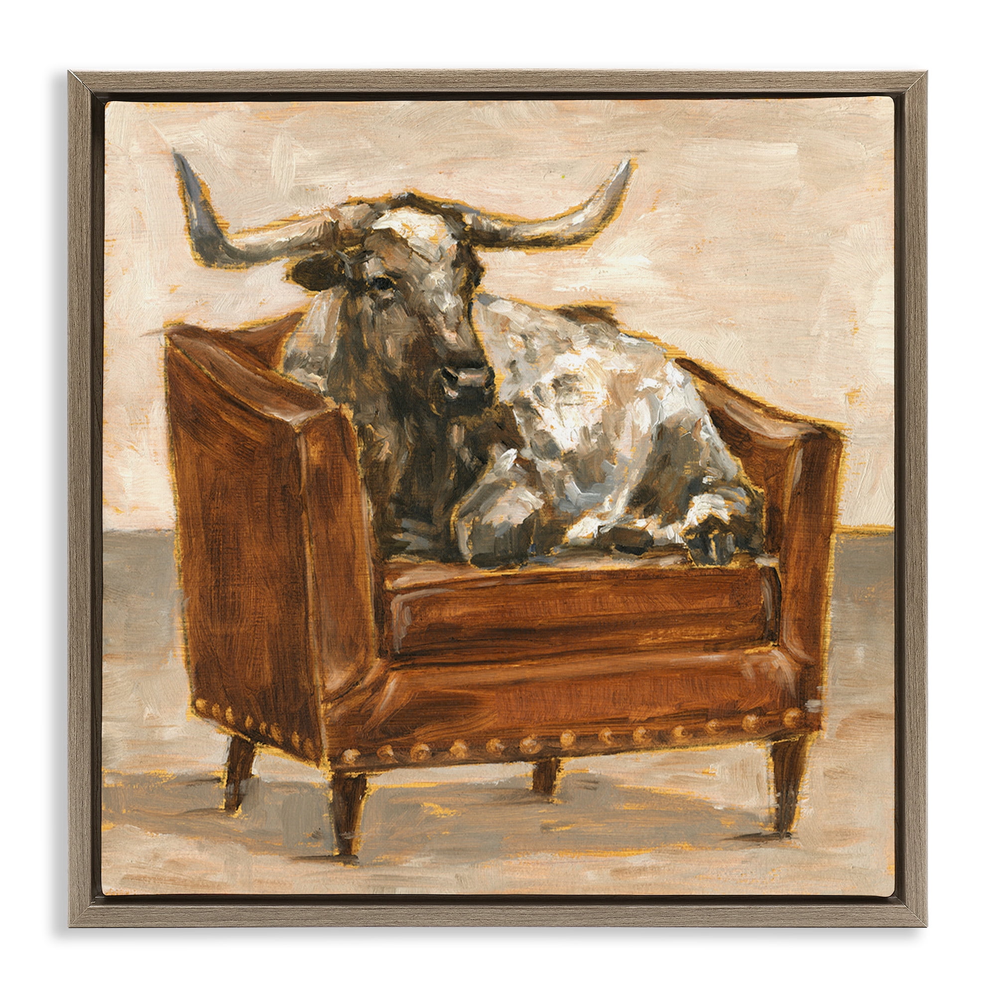 Stupell Industries Brown Bull Resting in Chair Painting Animals & Insects Painting Brown Floater Framed Canvas Art Print Wall Art, 18 x 18