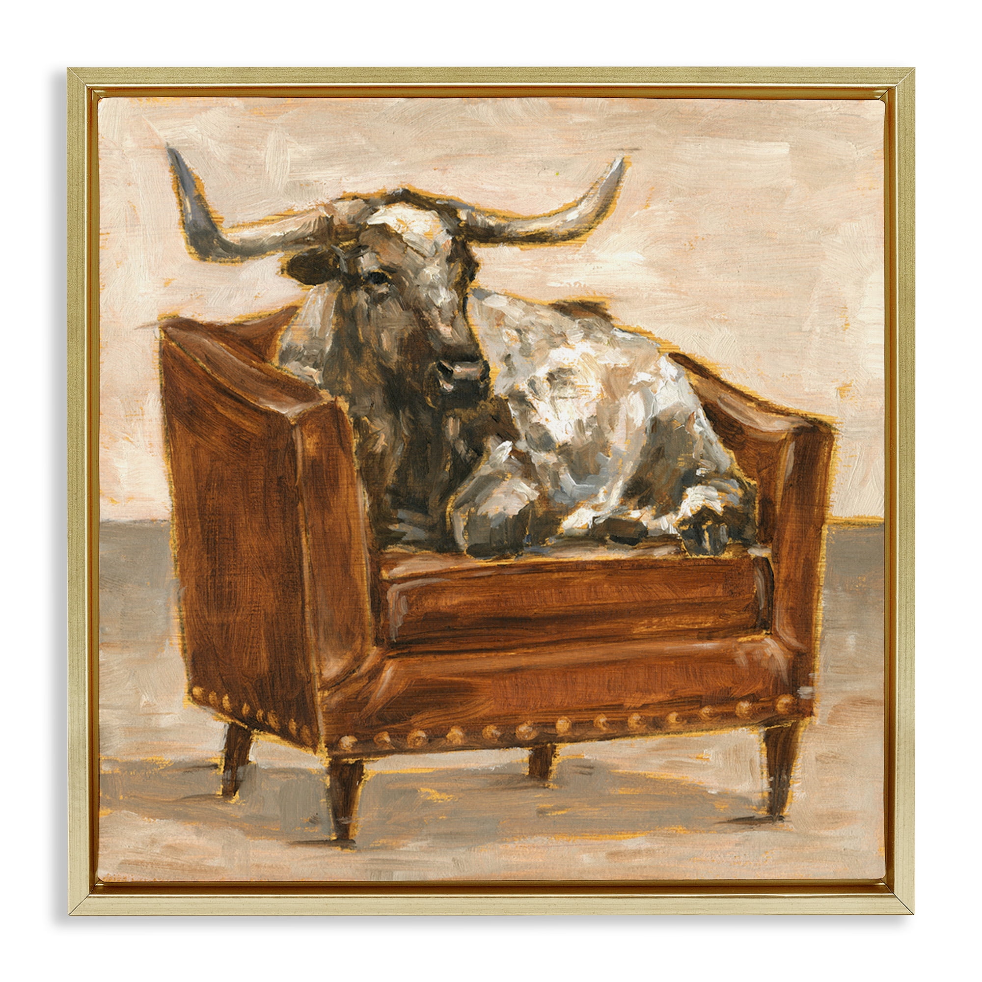 Stupell Industries Brown Bull Resting in Chair Painting Animals & Insects Painting Gold Floater Framed Canvas Art Print Wall Art, 18 x 18
