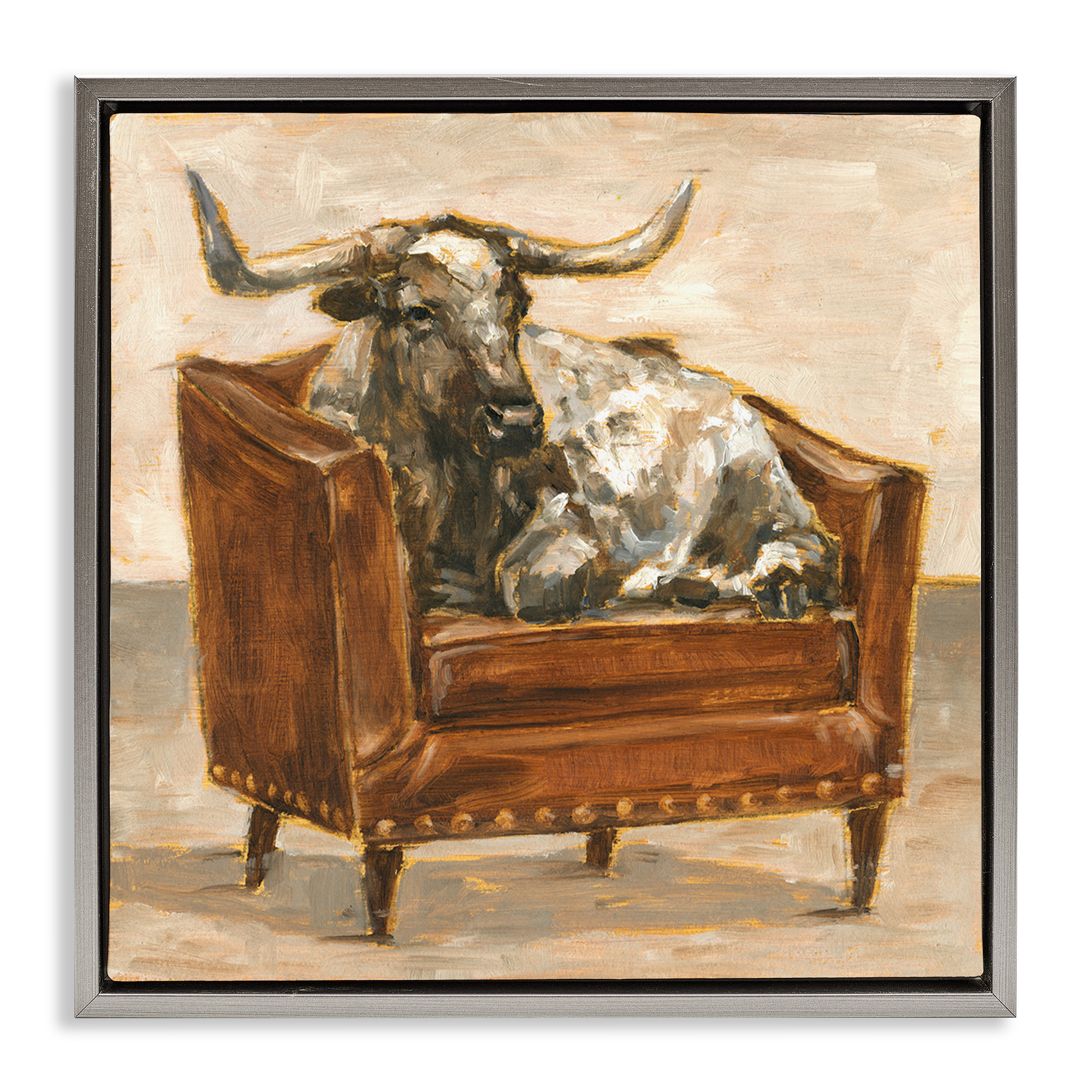 Stupell Industries Brown Bull Resting in Chair Painting Animals & Insects Painting Gray Floater Framed Canvas Art Print Wall Art, 18 x 18