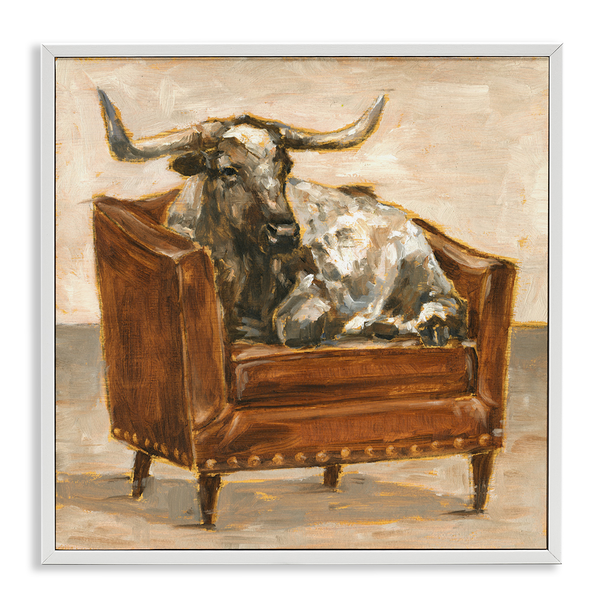 Stupell Industries Brown Bull Resting in Chair Painting Animals & Insects Painting White Framed Art Print Wall Art, 24 x 24