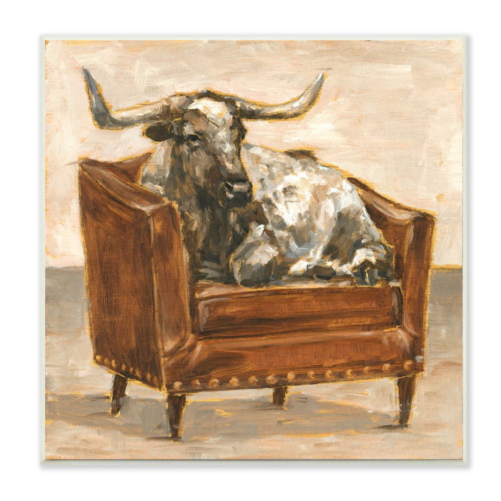 Stupell Industries Brown Bull Resting in Orange Brown Chair Painting Unframed Art Print Wall Art, 12x12, by Ethan Harper