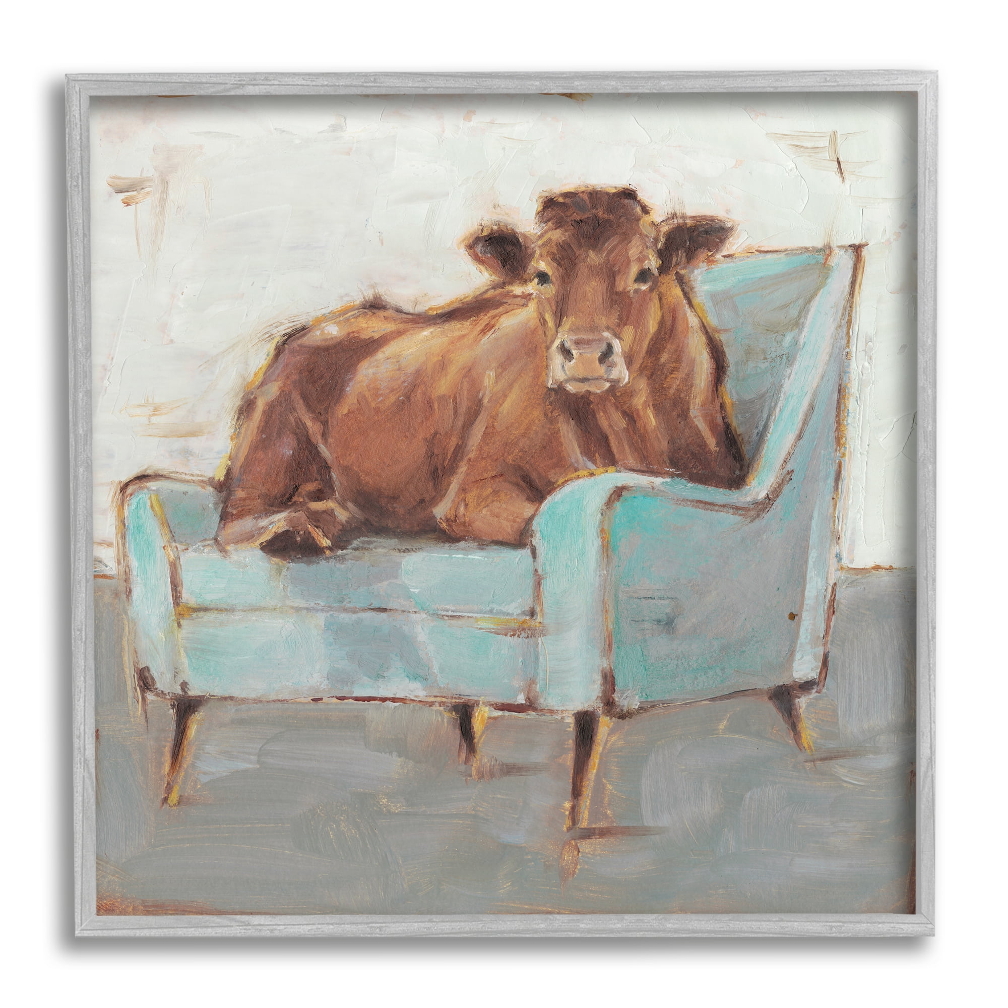 Stupell Industries Brown Bull on a Blue Couch Neutral Color Painting, 12 x 12,Design by Ethan Harper