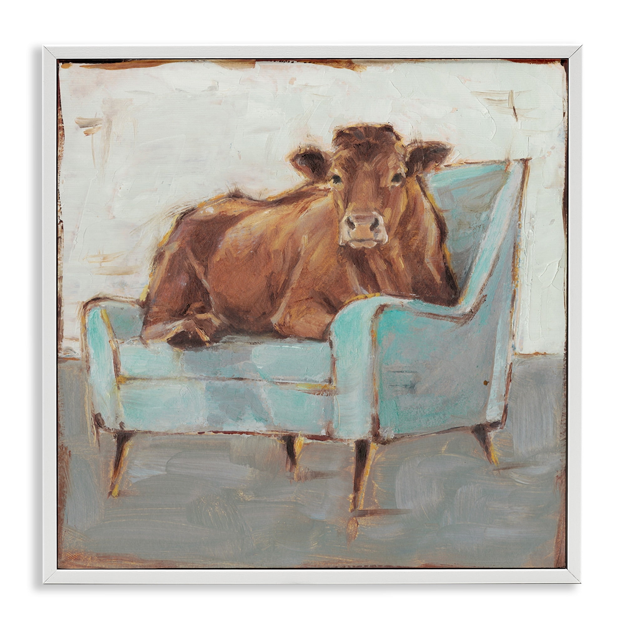 Stupell Industries Brown Bull on a Blue Couch Neutral Color Painting, 24 x 24,Design by Ethan Harper