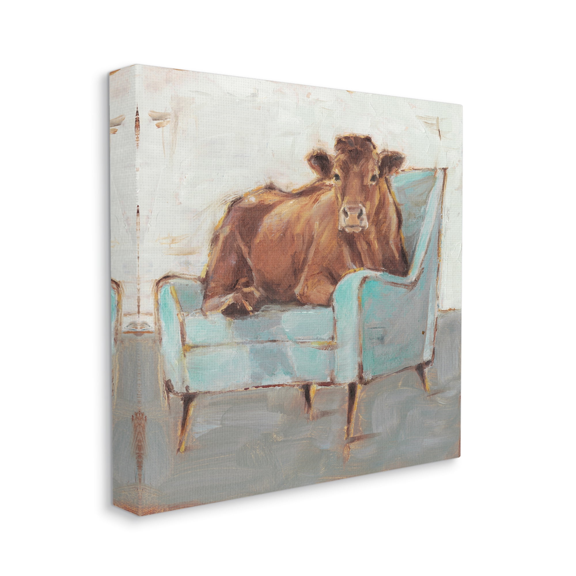 Stupell Industries Brown Bull on a Blue Couch Neutral Color Painting Animals & Insects Painting Gallery Wrapped Canvas Art Print Wall Art, 36 x 36