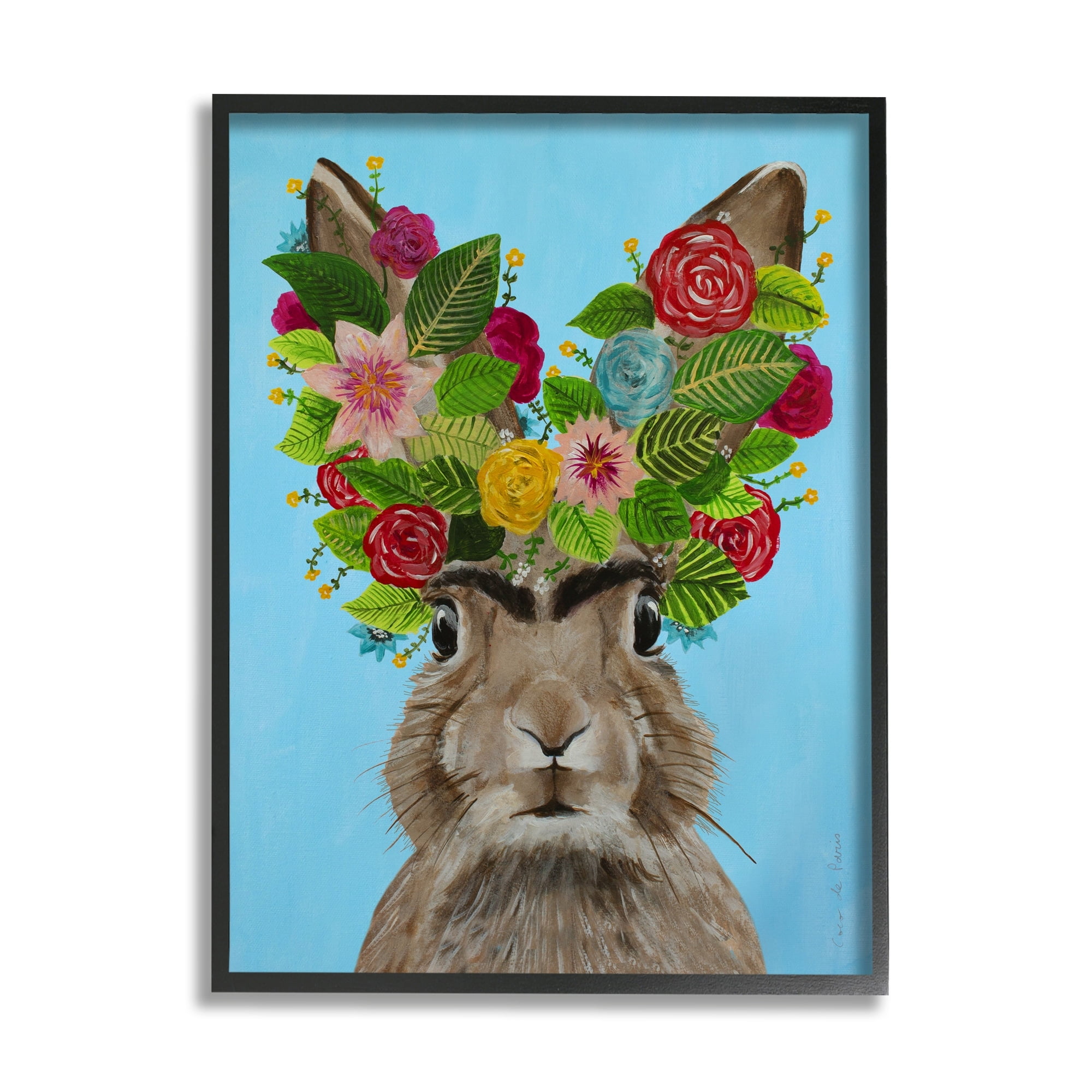 Stupell Industries Brown Bunny Rabbit Ears Flower Bouquet Bold Portrait Paintings Black Framed Art Print Wall Art, 24x30, by Coco de Paris