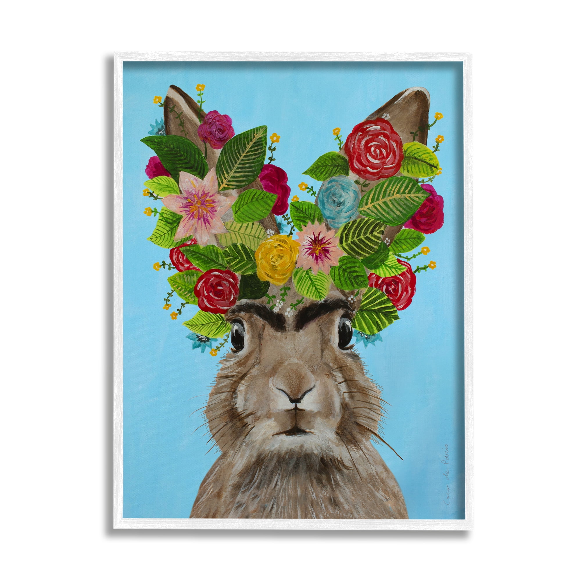 Stupell Industries Brown Bunny Rabbit Ears Flower Bouquet Bold Portrait Paintings White Framed Art Print Wall Art, 11x14, by Coco de Paris