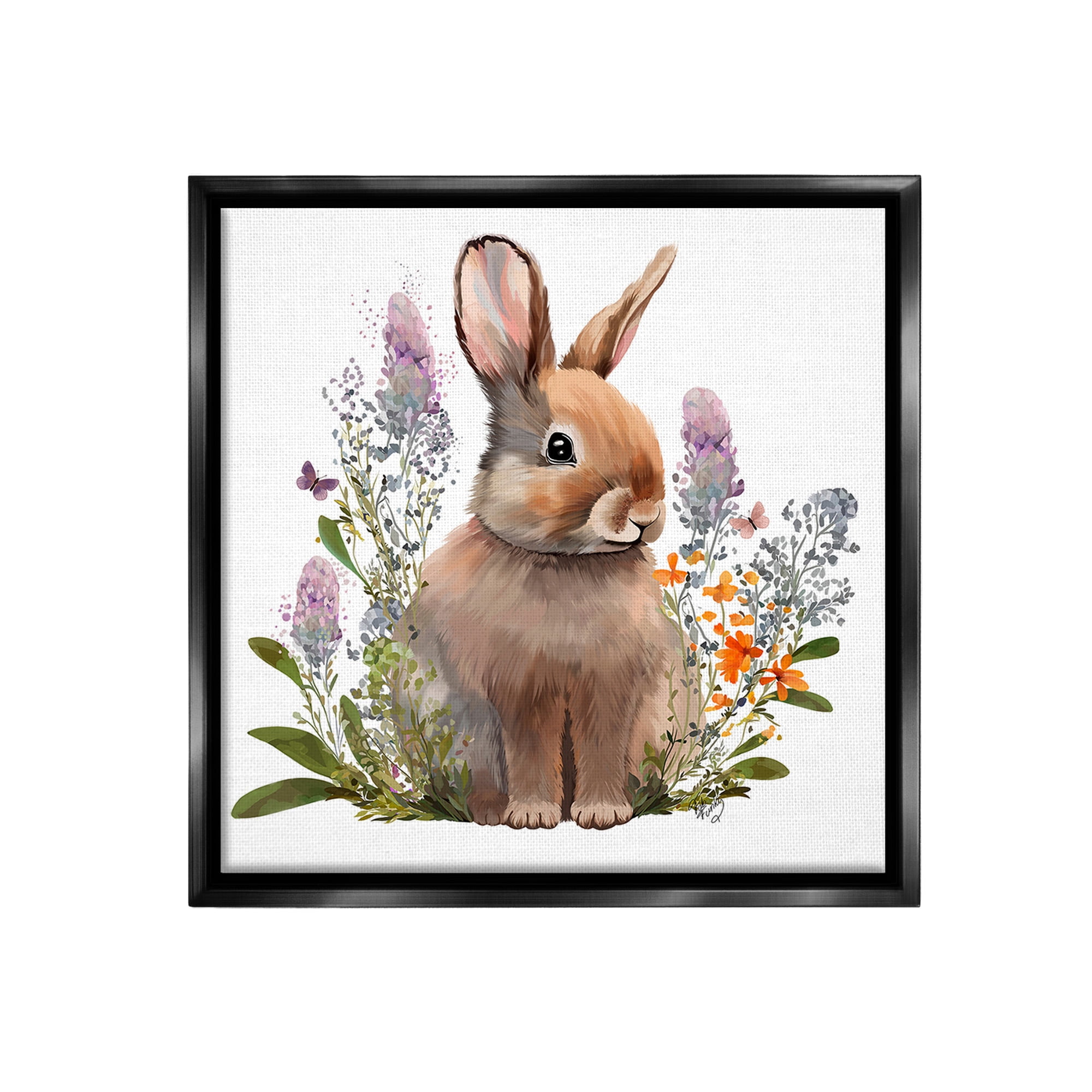 Stupell Industries Brown Bunny with Florals Animals & Insects Painting Black Floater Framed Canvas Art Print Wall Art, 18 x 18