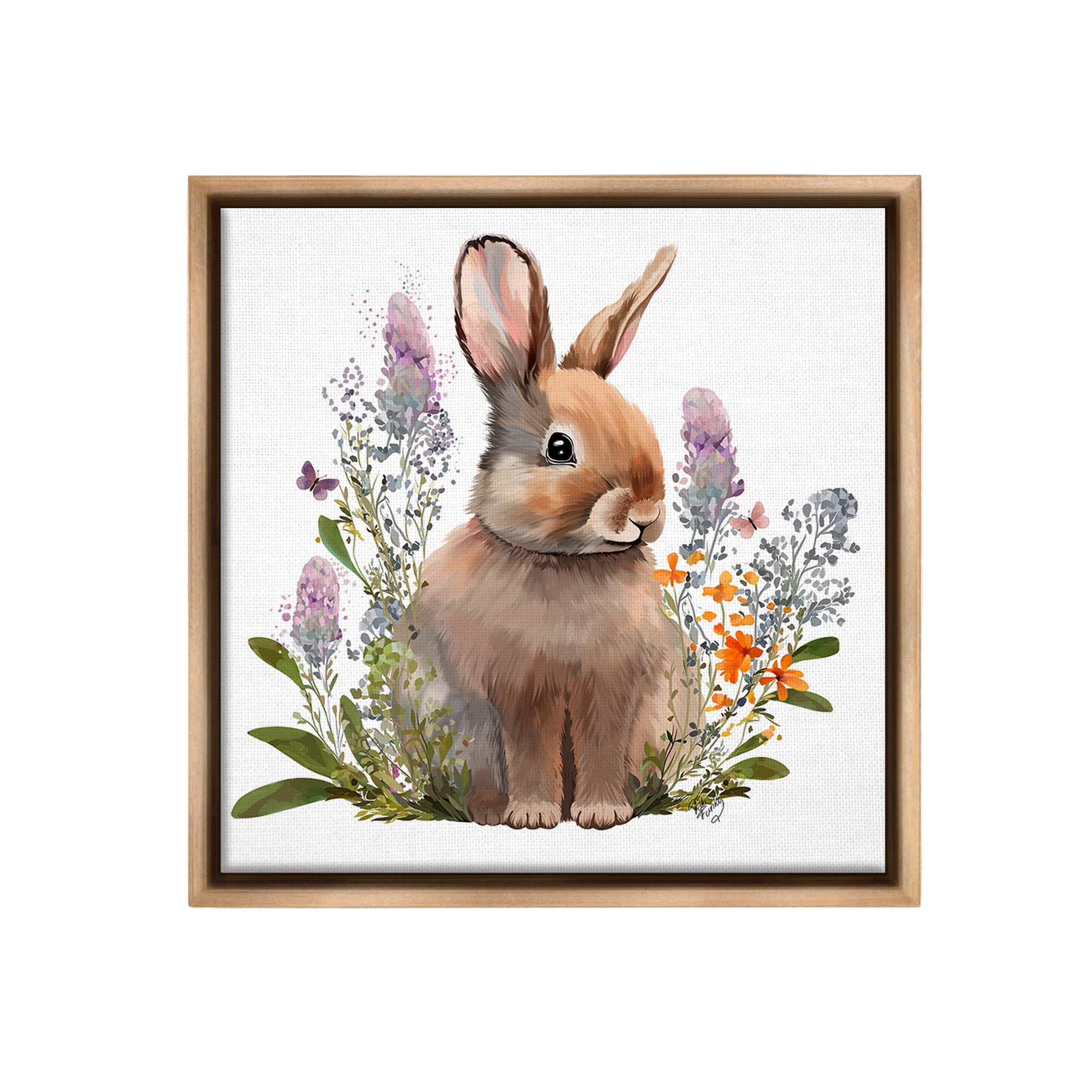 Stupell Industries Brown Bunny with Florals Animals & Insects Painting Brown Floater Framed Canvas Art Print Wall Art, 18 x 18