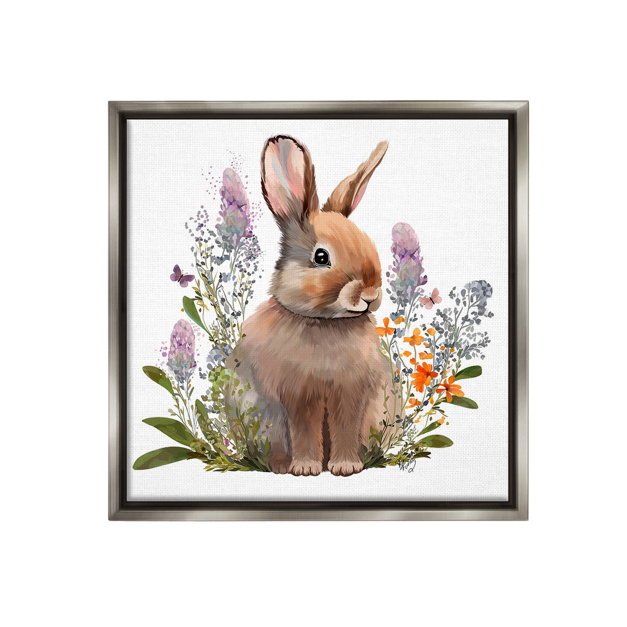Stupell Industries Brown Bunny with Florals Animals & Insects Painting Gray Floater Framed Canvas Art Print Wall Art, 25 x 25