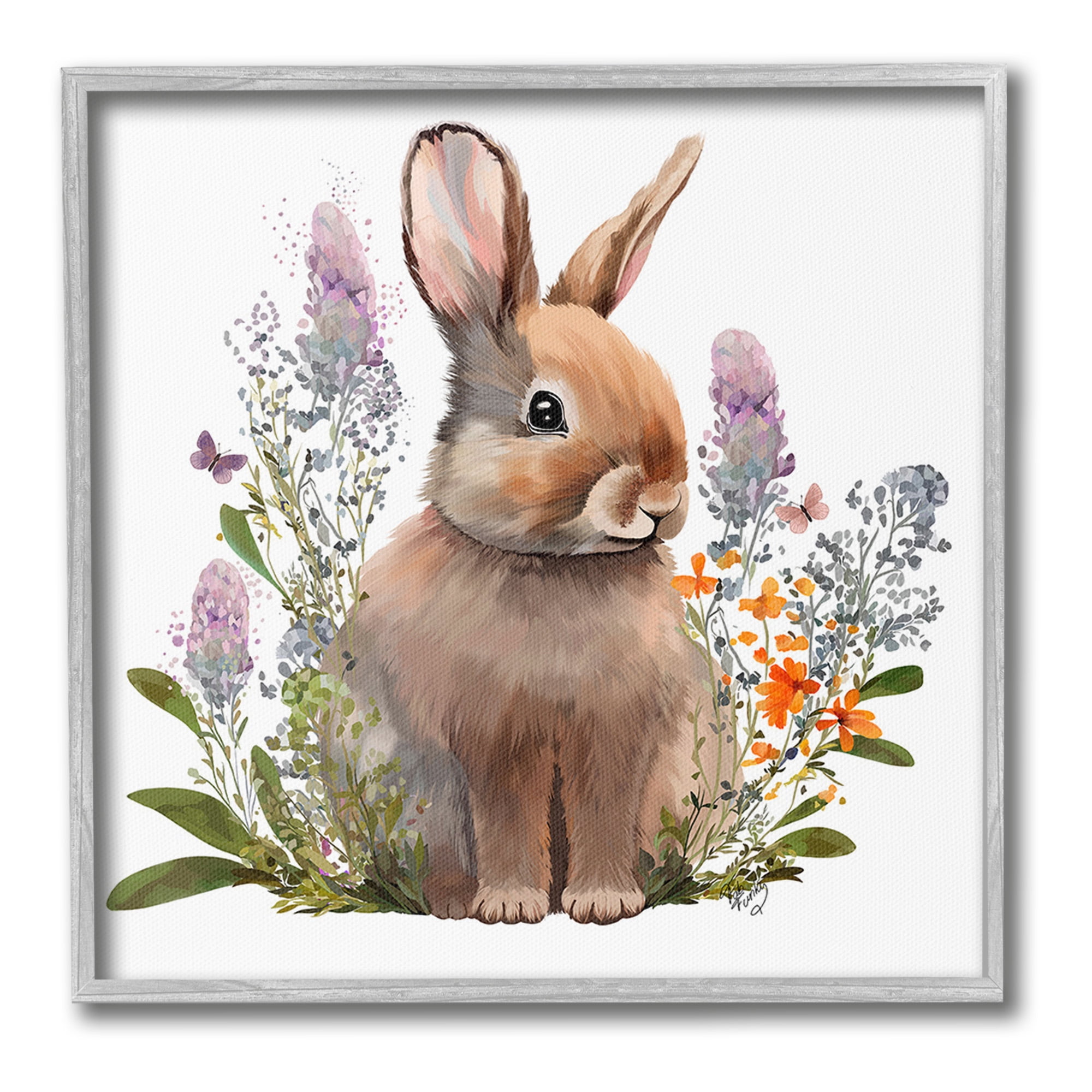 Stupell Industries Brown Bunny with Florals Animals & Insects Painting Gray Framed Art Print Wall Art, 24 x 24
