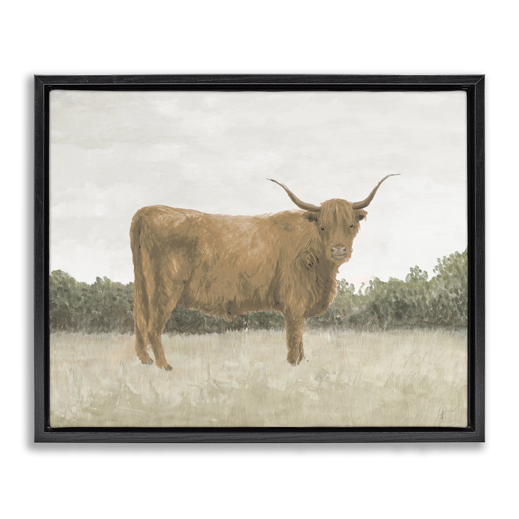 Stupell Industries Brown Cattle Gazing Animals & Insects Painting Black Floater Framed Canvas Art Print Wall Art, 31 x 25