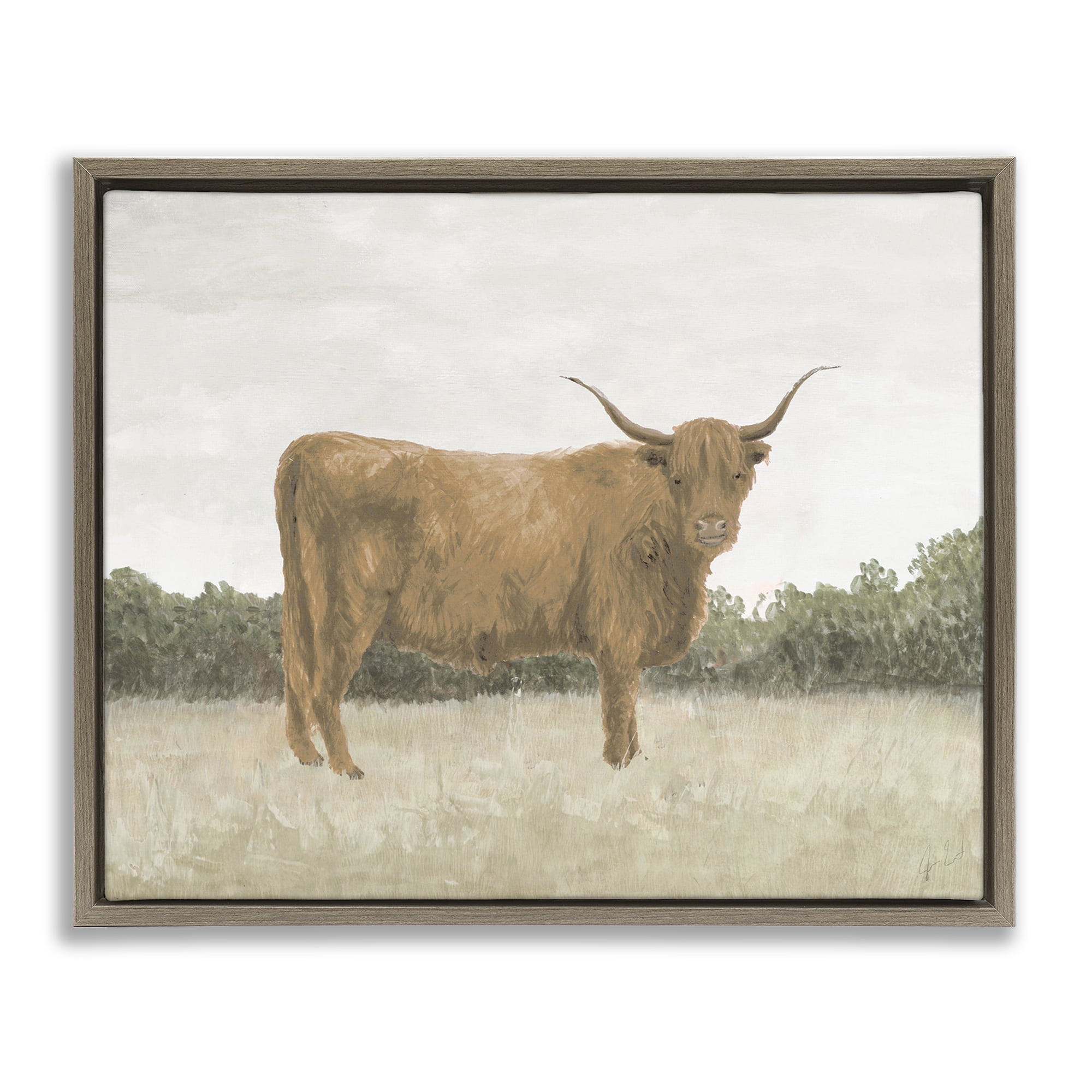 Stupell Industries Brown Cattle Gazing Animals & Insects Painting Brown Floater Framed Canvas Art Print Wall Art, 31 x 25