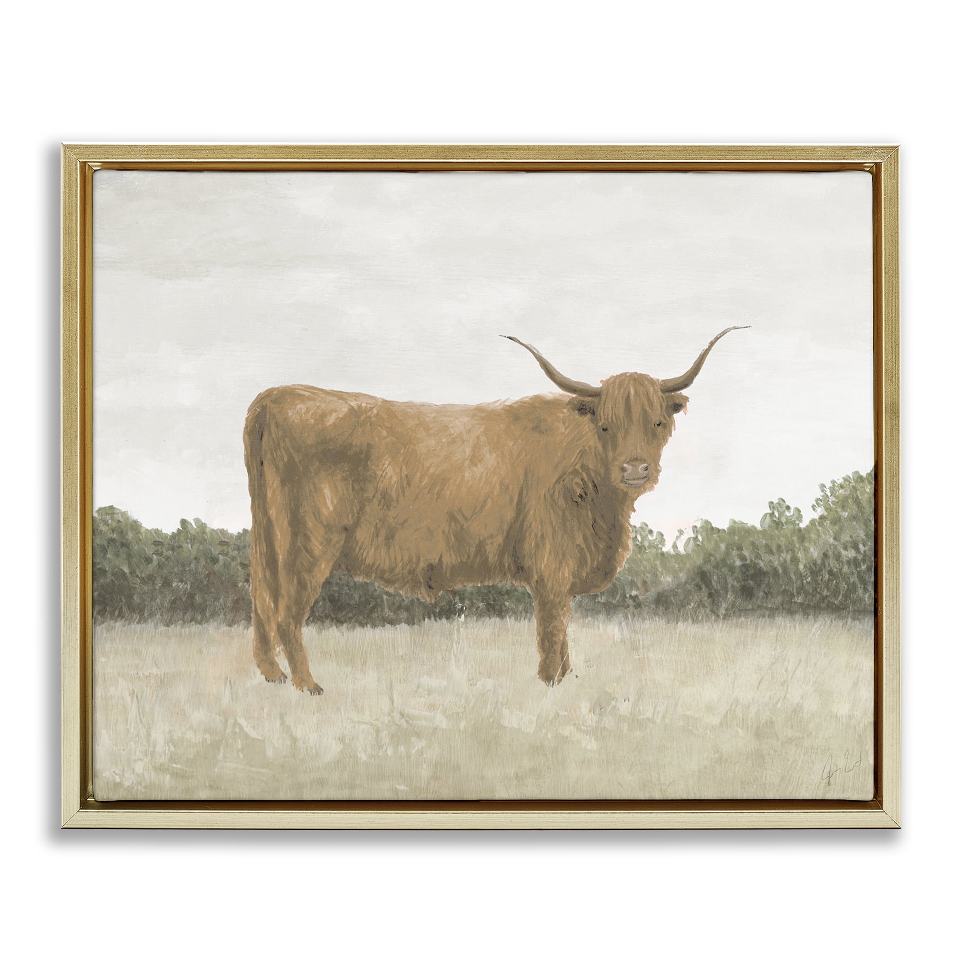 Stupell Industries Brown Cattle Gazing Animals & Insects Painting Gold Floater Framed Canvas Art Print Wall Art, 31 x 25