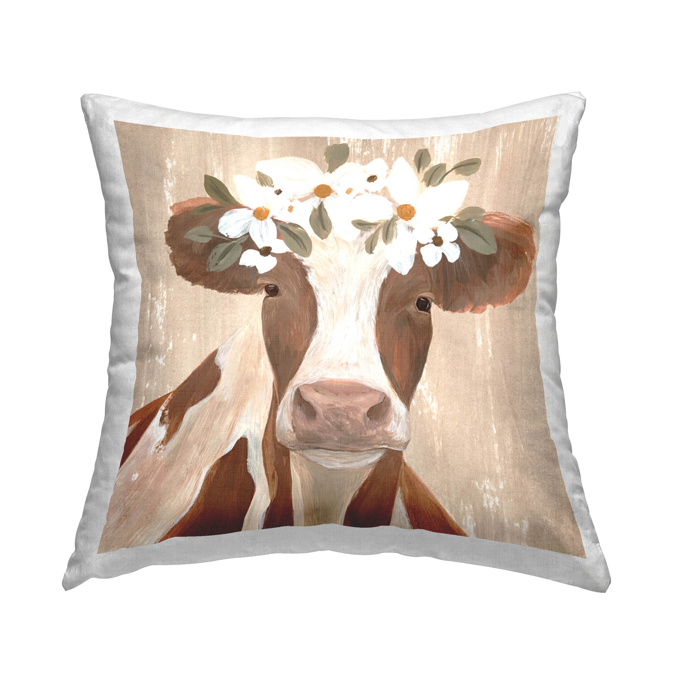 Stupell Industries Brown Country Cow Flowers Printed Throw Pillow Design by Annie Warren